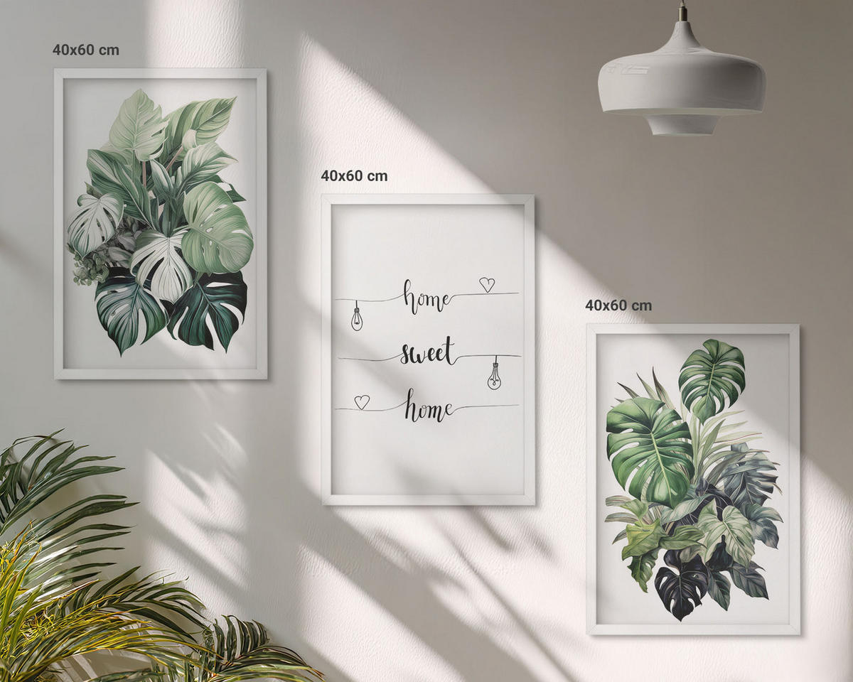 WANDBILDER 3er-Set - 40x60 cm Weißer Rahmen - Aquarell-Monstera-Blätter - Weiß, Kunststoff (40/60cm) - ArtPrintCave