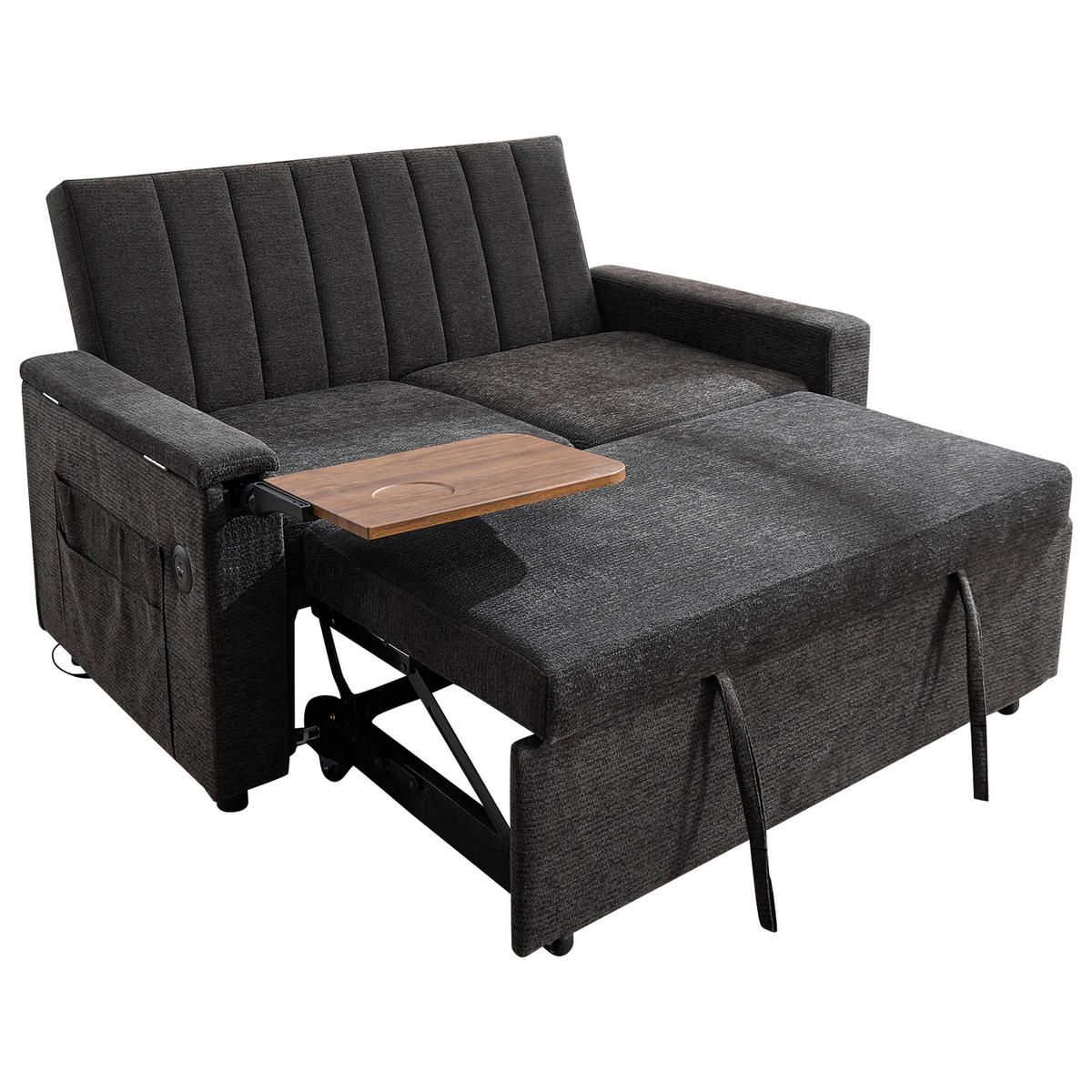 SCHLAFSOFA 140/84.5/84 cm Grau mit Klapptablett, USB & Type-C Ladeanschluss, Seitentaschen und Rollen - Grau, Textil (140/84/84.5cm) - Oxeza