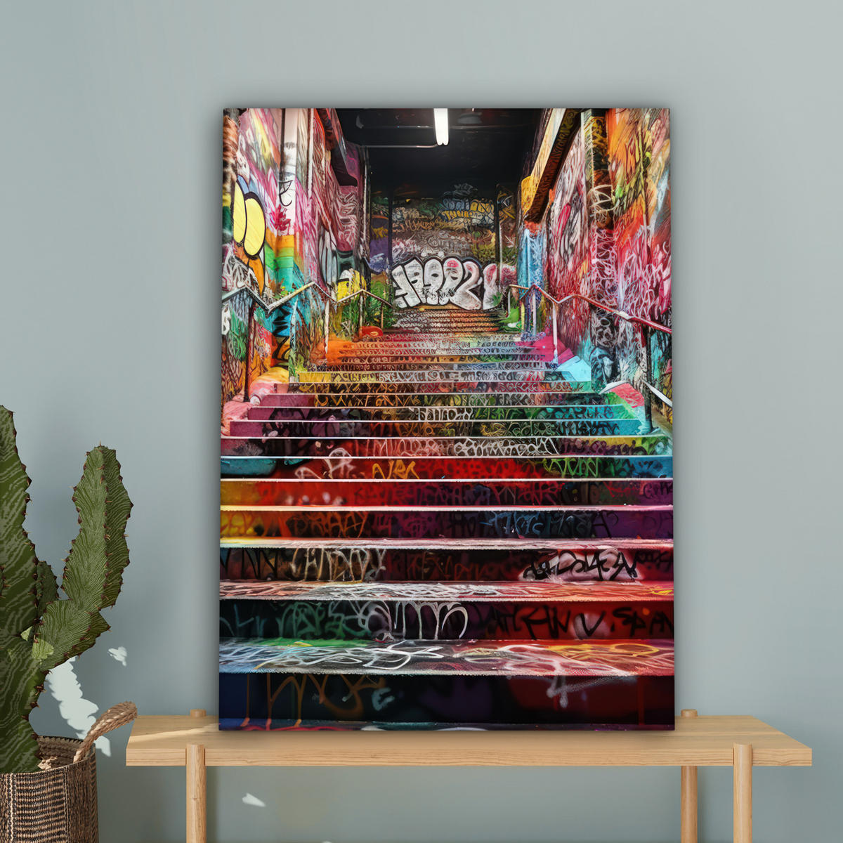 LEINWANDBILD Treppe - Graffiti - Farben - Kunst 60x80 cm - Multicolor, Textil (60/80cm) - MuchoWow