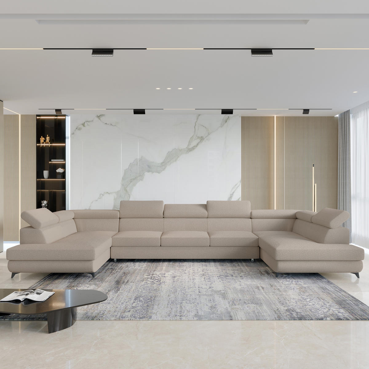 ROHOVÁ SEDAČKA URMANO béžová - černá/béžová, kov/dřevo (395/190cm) - MASSENO