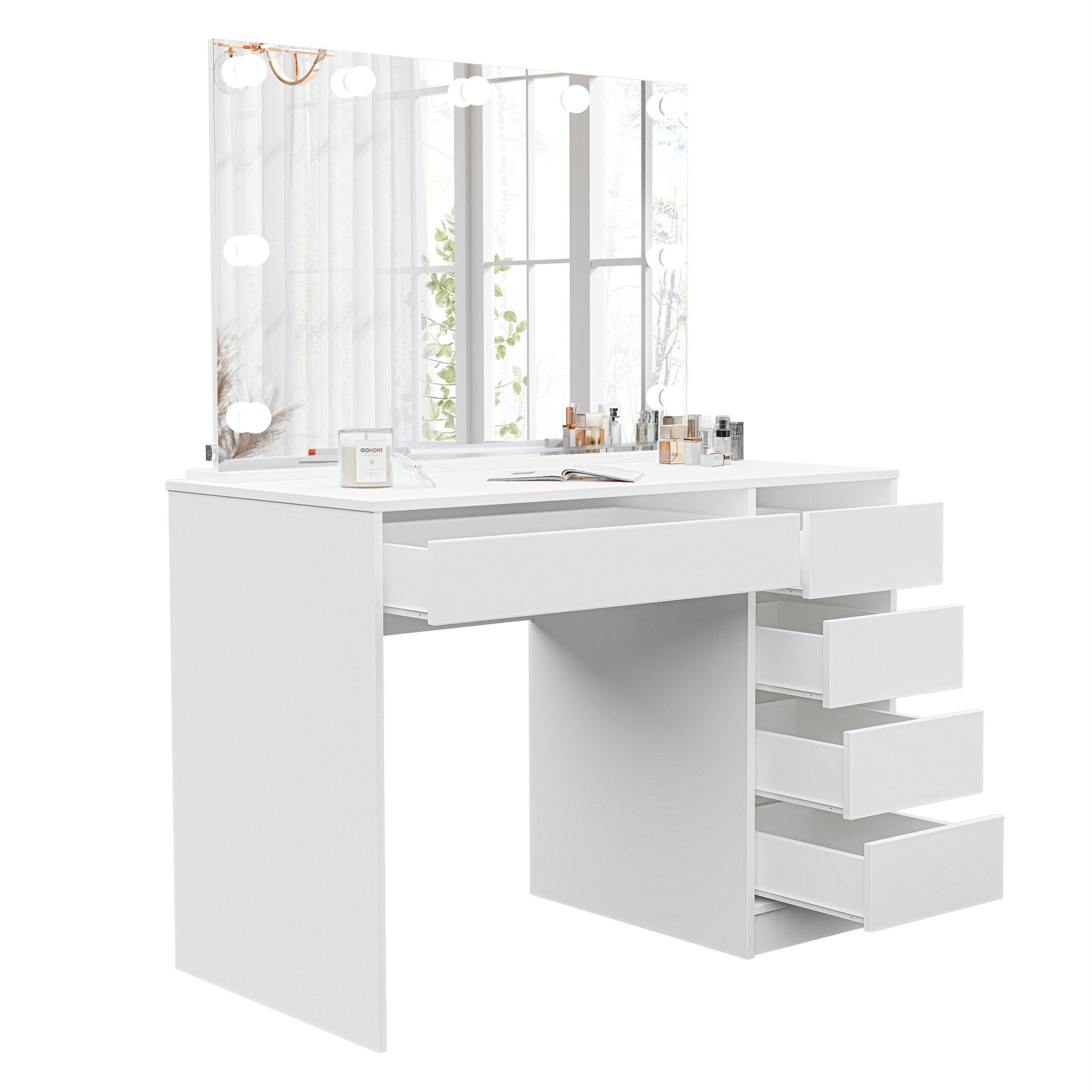SCHMINKTISCH Bella Weiß 110 cm mit Spiegel und LED Beleuchtung - Weiß, Holzwerkstoff (110/77/55cm) - Idohome