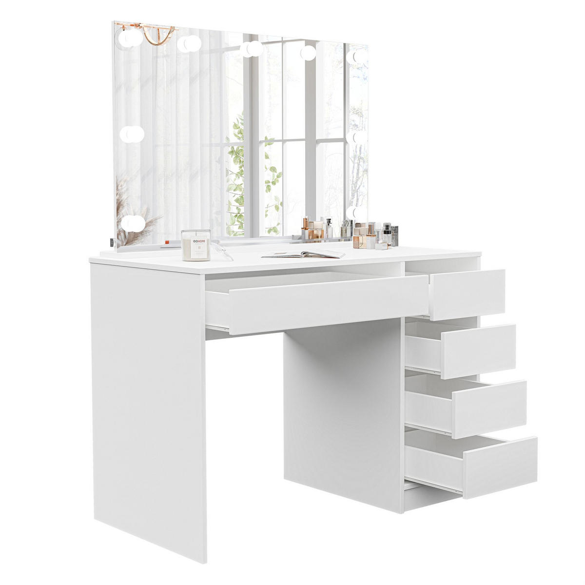 SCHMINKTISCH Bella Weiß 110 cm mit Spiegel und LED Beleuchtung - Weiß, Holzwerkstoff (110/77/55cm) - Idohome