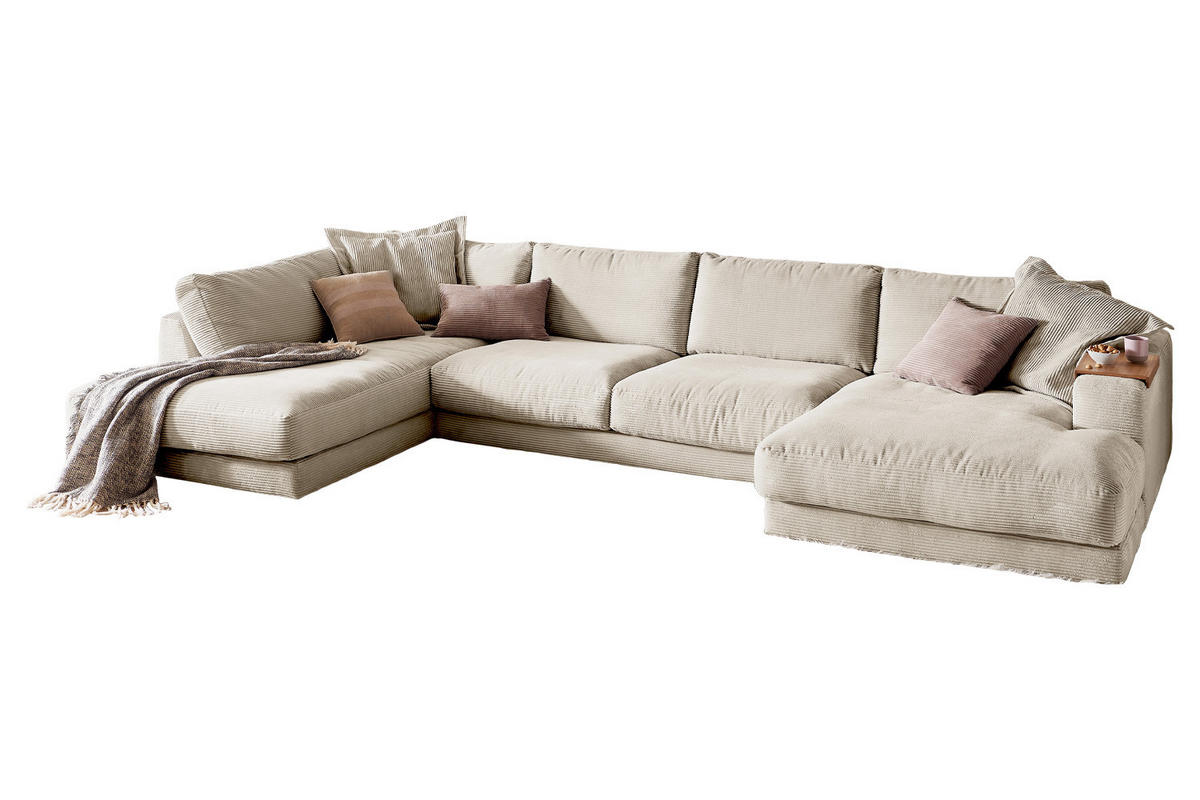 WOHNLANDSCHAFT MADELINE Cremeweiß Cord - Creme/Schwarz, Kunststoff/Textil (425/86/224cm) - KAWOLA