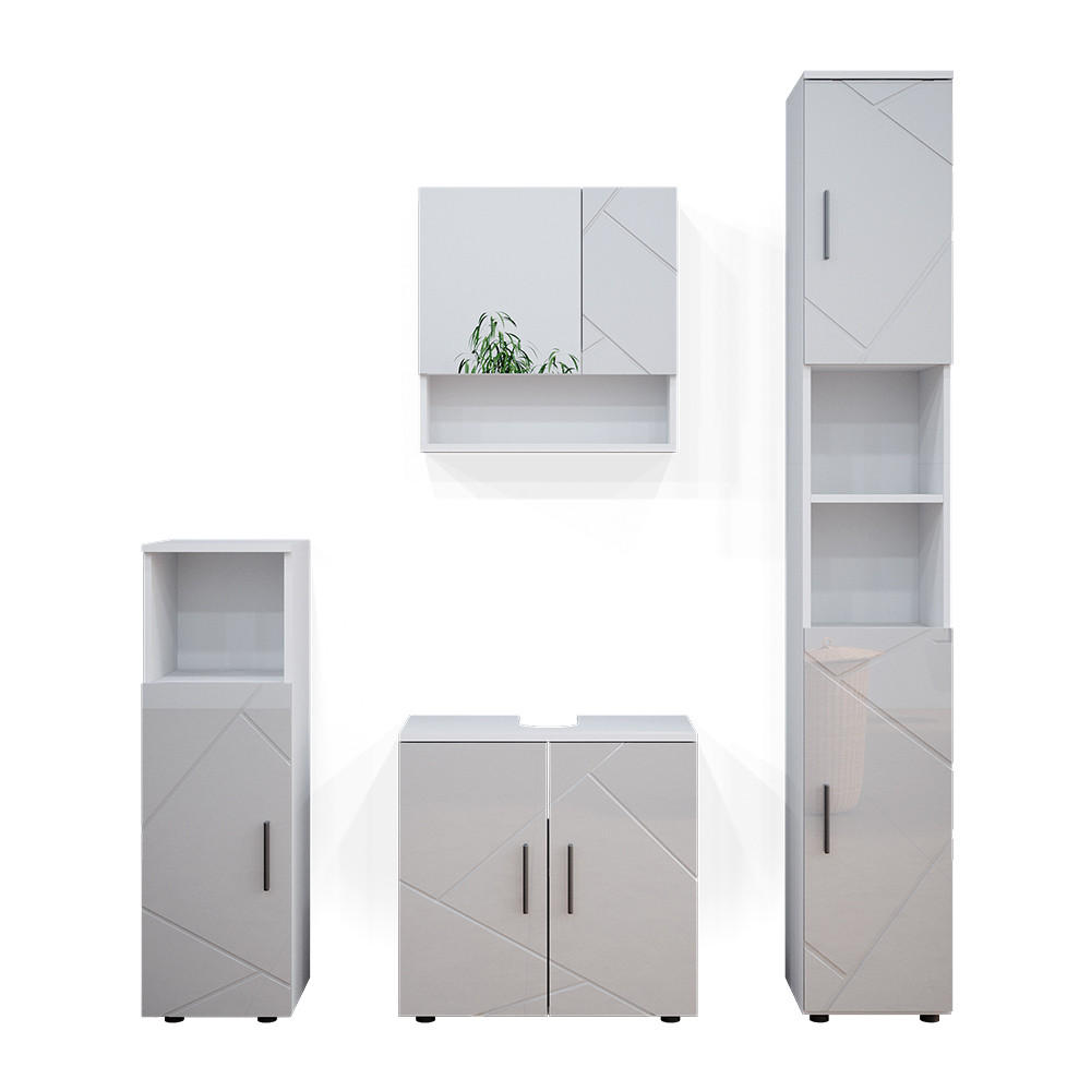BADMÖBEL-SET Irma Weiß Hochglanz 4 Teile, mit Hochschrank - Weiß Hochglanz/Weiß, Holzwerkstoff (80/58.6/41cm) - Vicco