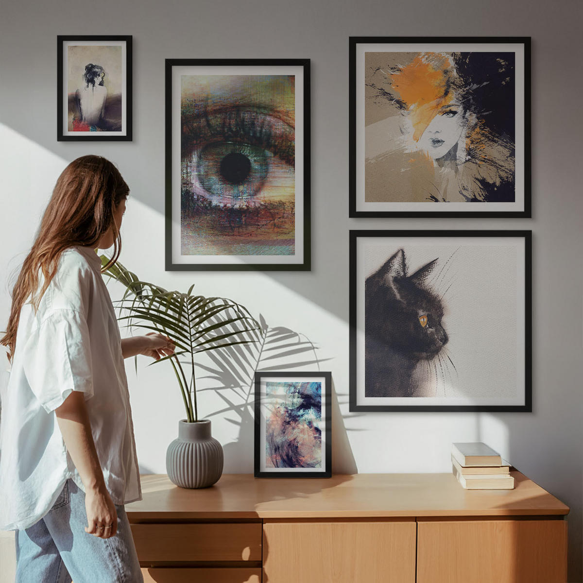 BILDER SET 5er Set - 50x50 cm & 20x30 cm & 40x60 cm Schwarzer Rahmen - Gelbgrau-braune Wellen - Schwarz, Kunststoff (40/60cm) - TULUP