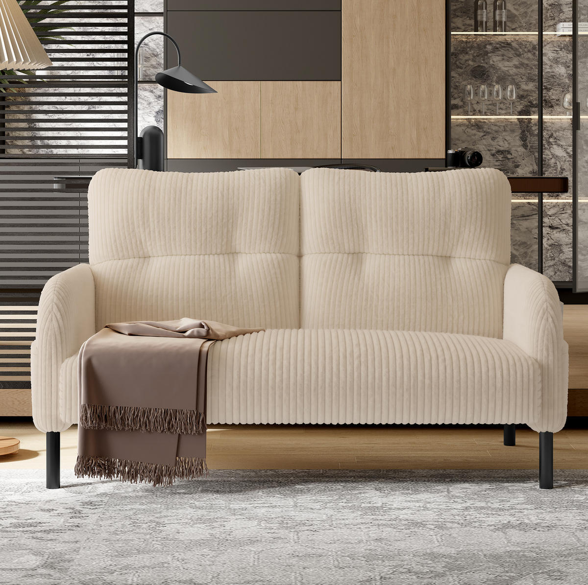 SOFA 2-Sitzer 120 x 75 x 79 cm Cord Beige mit Seitentasche - Beige, Kunststoff (120/79/75cm) - Meubliv