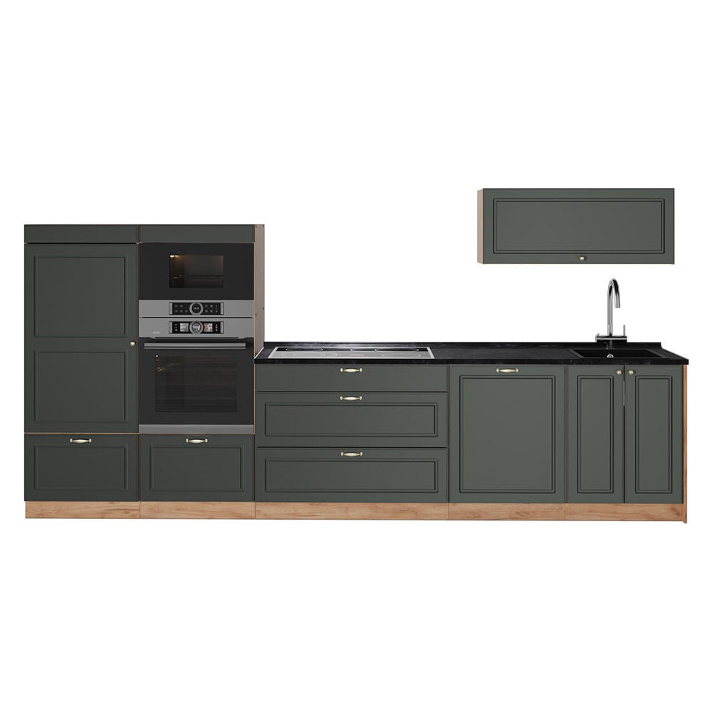 KÜCHENZEILE Fame-Line, Grün-Gold Landhaus/Goldkraft Eiche, 340 cm, AP Anthrazit - Eichefarben/Grün, Holzwerkstoff (340/153.6/60cm) - Vicco