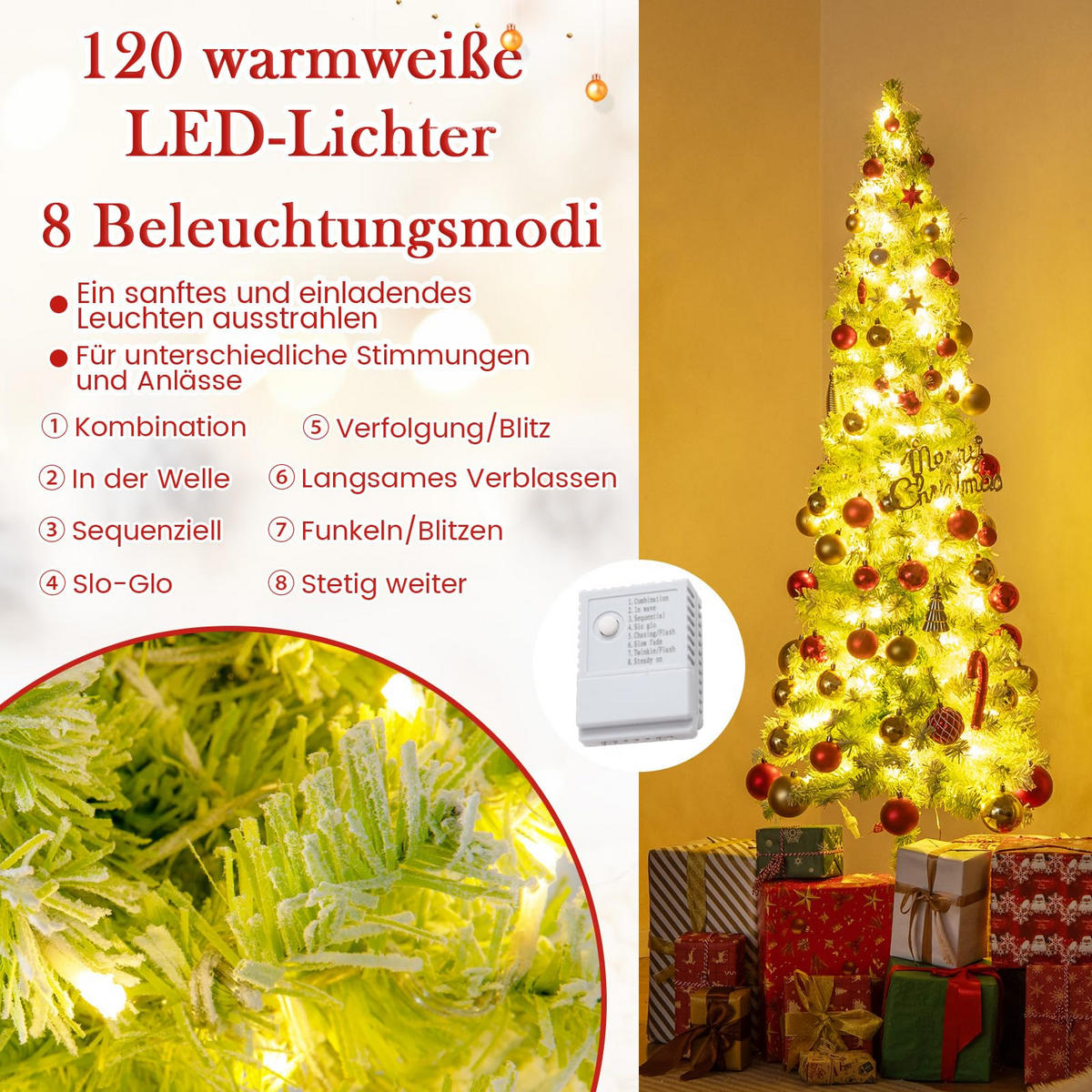 WEIHNACHTSBAUM mit 8 Lichtmodi Beleuchtung und Schnee biegbarer Spitze 180 cm grün - Grün, Metall (180cm) - COSTWAY