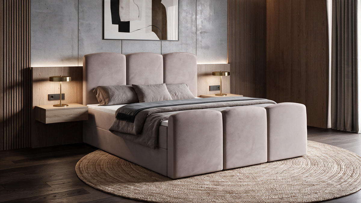 BOXBETT SAVIO 180x200 cm mit Bettkasten, Bonell-Matratze H3 und Topper – Samt Beige - Beige, Textil (180/200cm) - Luxkor24