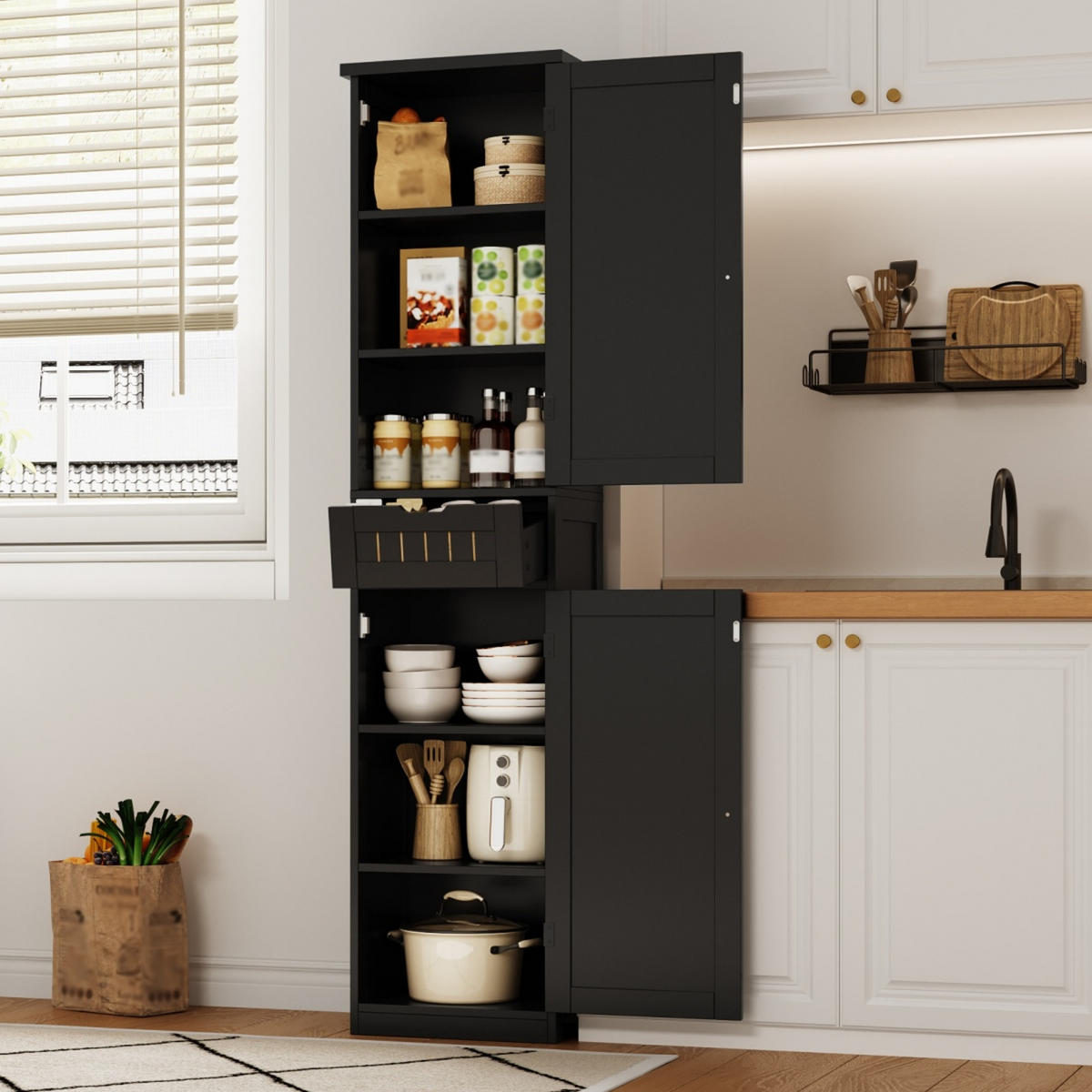 GESCHIRRSCHRANK 170 cm MDF Schwarz mit 2 Türen und verstellbaren Böden - Schwarz, Holzwerkstoff (30/170/40cm) - Korfee