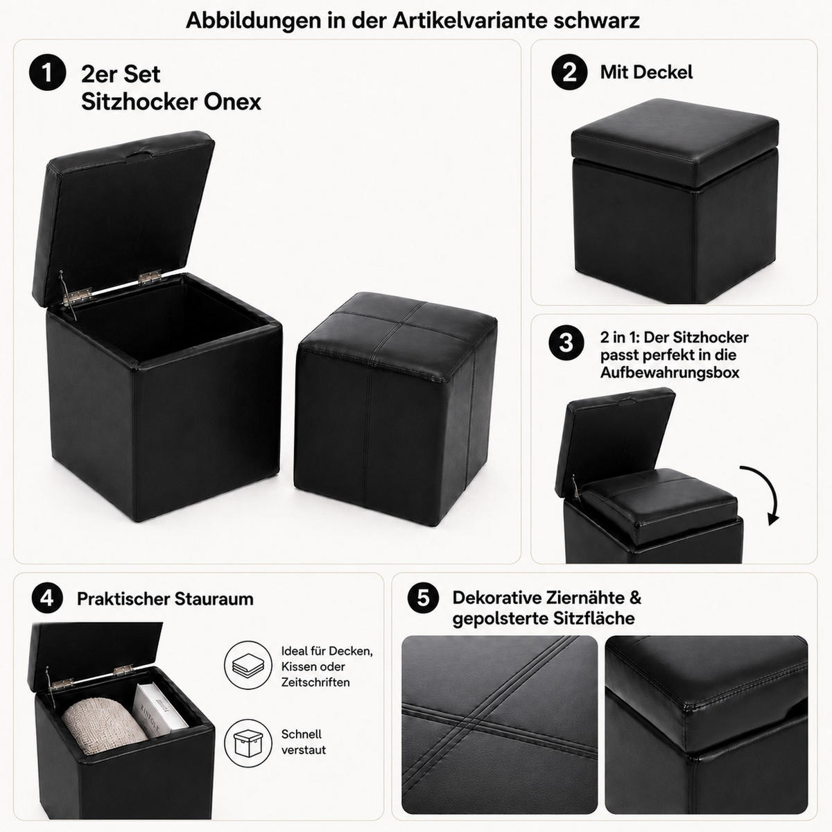 SITZHOCKER Braun 2er-Set - Braun, Leder (44/45/44cm) - MCW