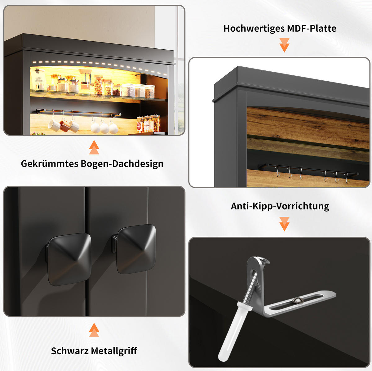 KÜCHENSCHRANK mit LED 107x43x184 cm MDF Metall Schwarz 2er-Set - Schwarz, Metall (43/184/214cm) - Meubliv