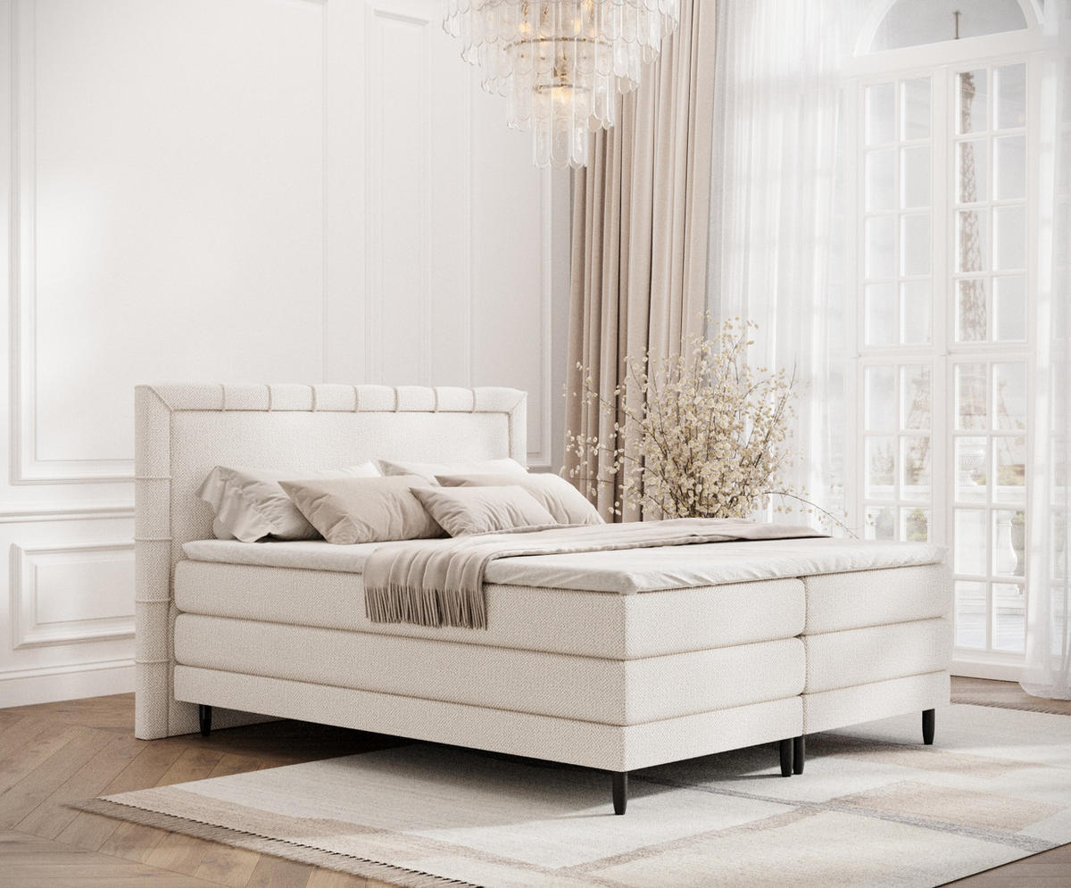BOXSPRINGBETT Rimini Creme 180/200 cm mit Matratze und Topper - Creme/Schwarz, Holz/Holzwerkstoff (180/200cm) - Maison de Reve