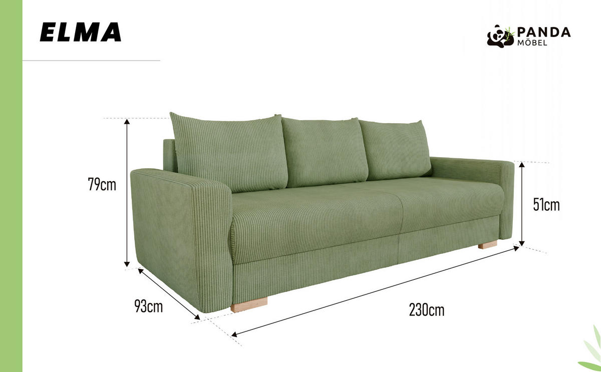 3-SITZER-SCHLAFSOFA ELMA mit Bettfunktion, grün - Grün, Holz (92.5/79/230cm) - Panda Möbel
