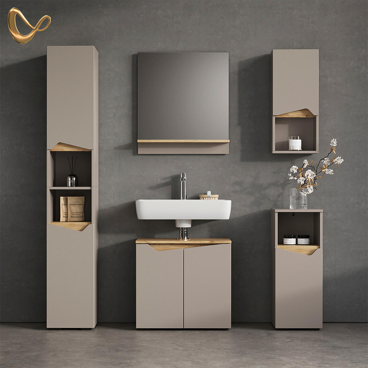 BADMÖBEL-KOMBINATION Timavo Greige 5 Teile - Greige/Eiche Artisan, Holzwerkstoff (60/57/35cm) - Livinity®