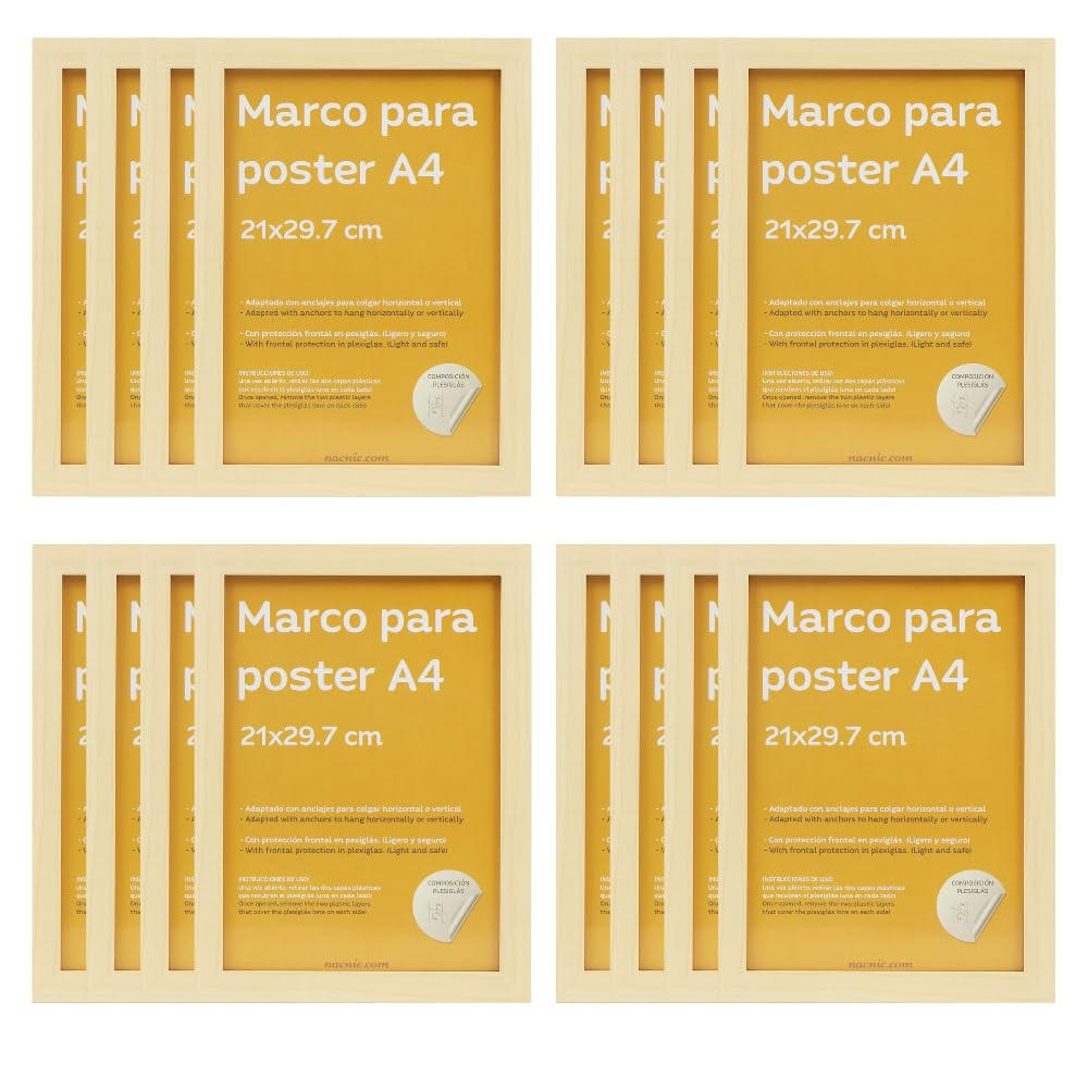 RAHMEN Set mit 12 aus MDF und Acrylglas Schutz und Aussteller für Fotografien, Bilder, Poster, Gemälde, Dekoration für Haus Farbe Hellholz A4 - Beige, Holz (21/3/29.7cm) - Nacnic