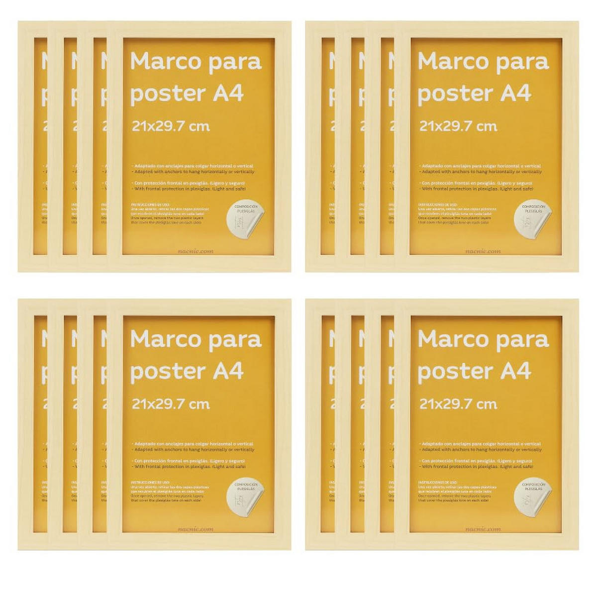 RAHMEN Set mit 12 aus MDF und Acrylglas Schutz und Aussteller für Fotografien, Bilder, Poster, Gemälde, Dekoration für Haus Farbe Hellholz A4 - Beige, Holz (21/3/29.7cm) - Nacnic
