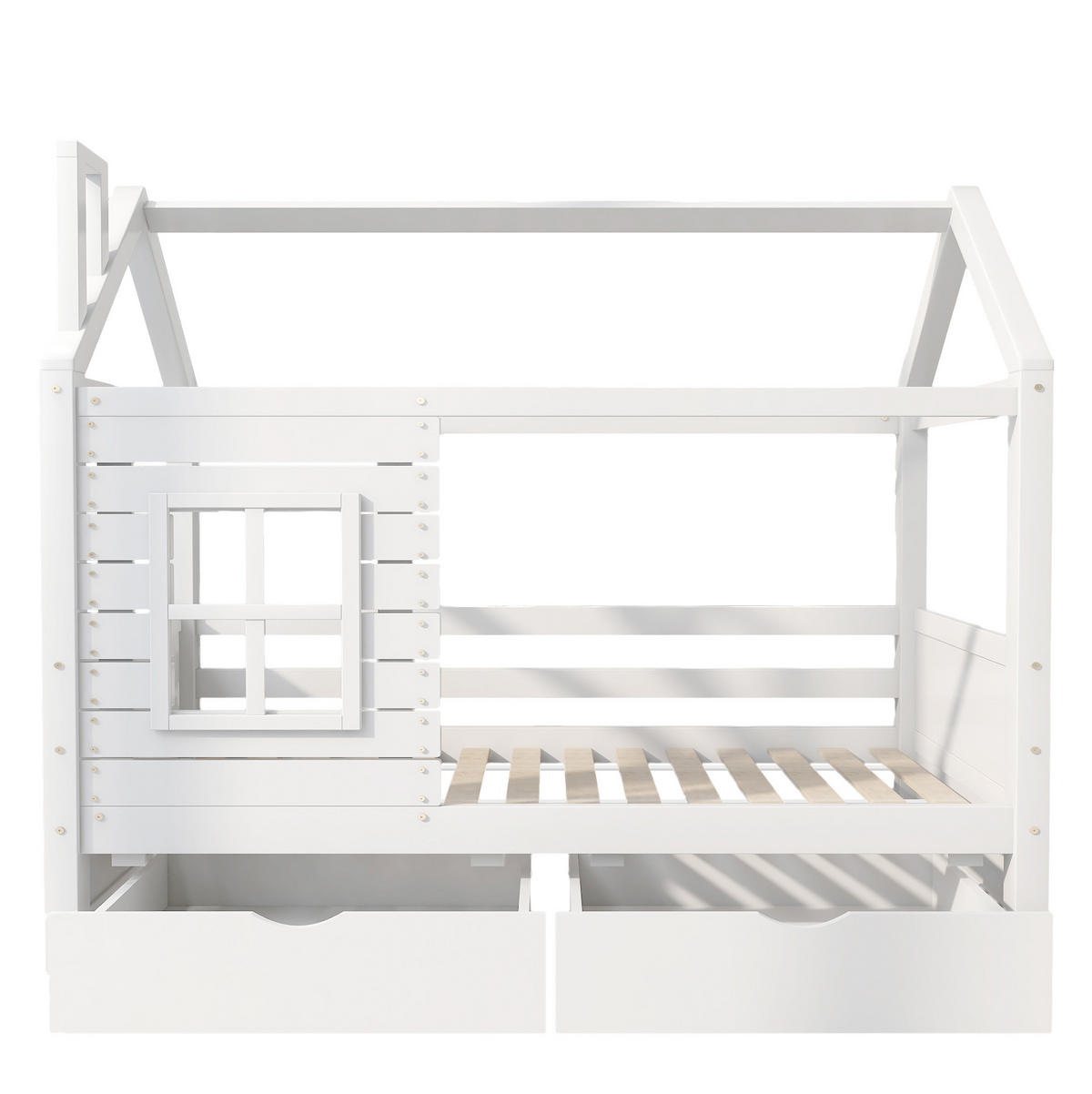 HAUSBETT 90/200 cm Weiß aus massiver Kiefer mit Lattenrost und Stauraum - Weiß, Holz (90/200cm) - OKMYHOME