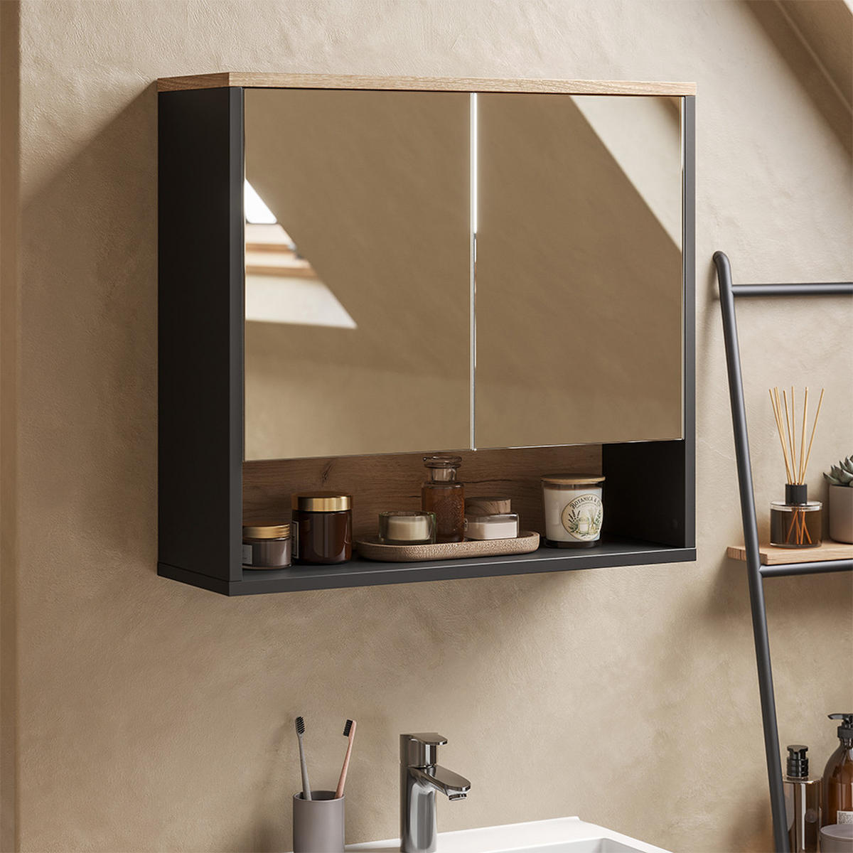 BADSPIEGELSCHRANK Eliza, Schwarz/Viking Oak, 70 x 65 cm mit 2 Türen - Eichefarben/Schwarz, Holzwerkstoff (70/65/22.1cm) - Vicco