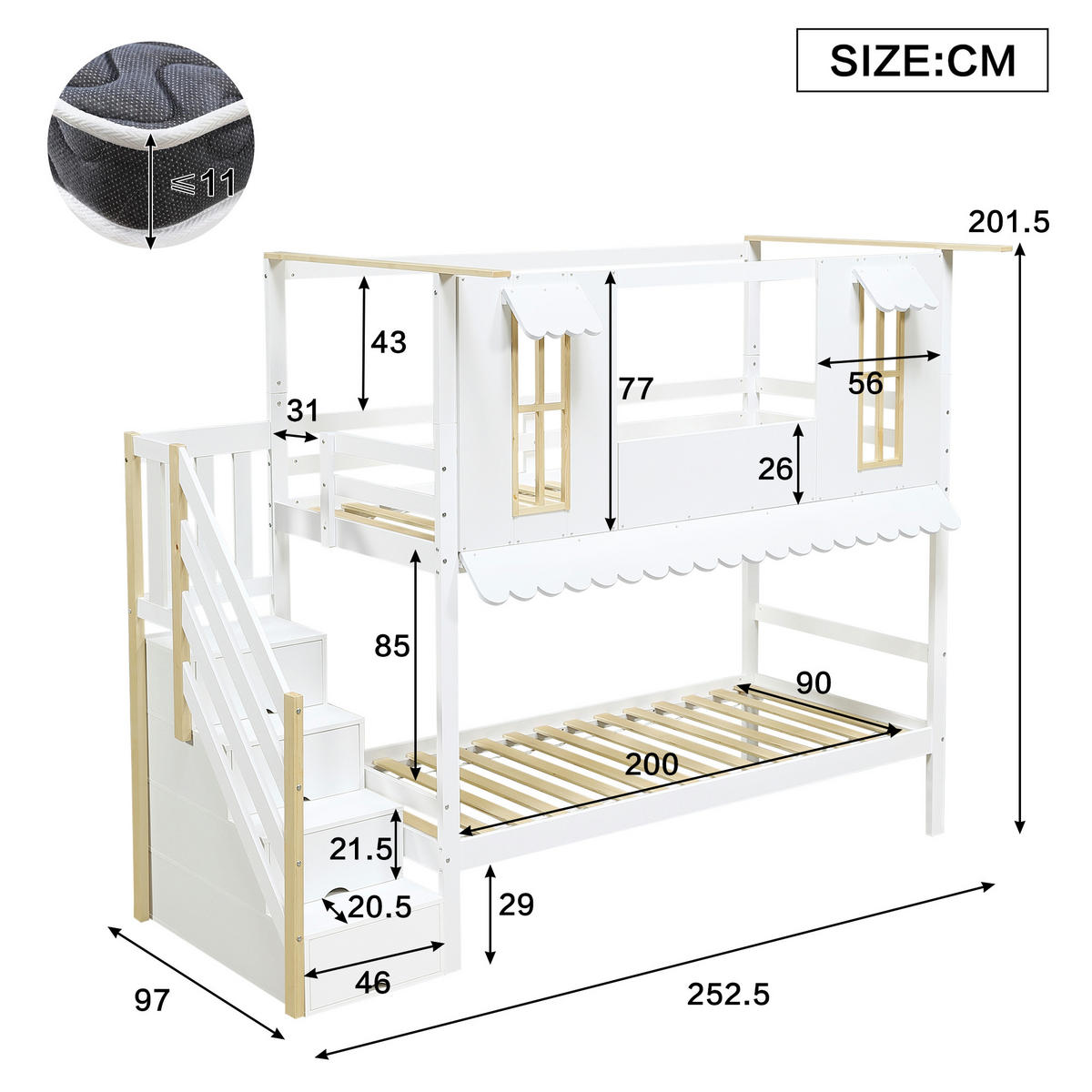 ETAGENBETT 90/200 cm weiß aus Kiefer und MDF mit Aufbewahrungstreppe - Weiß, Holz (90/200cm) - OKWISH