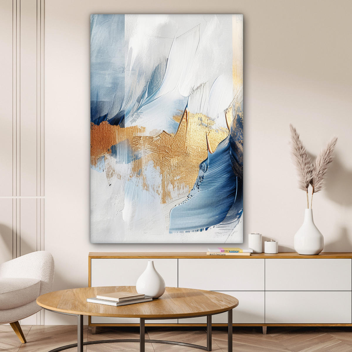 LEINWANDBILD Gold - Blau - Aquarell - Kunst - Modern Deko XXL 80x120 cm - Hellblau, Textil (80/120cm) - MuchoWow