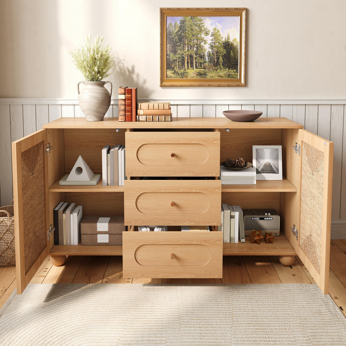 SIDEBOARD DE-37624 140/40/80 cm mit Seilgeflecht-Türen Natur - Naturfarben, Holzwerkstoff (140/80/40cm) - ComfortXL