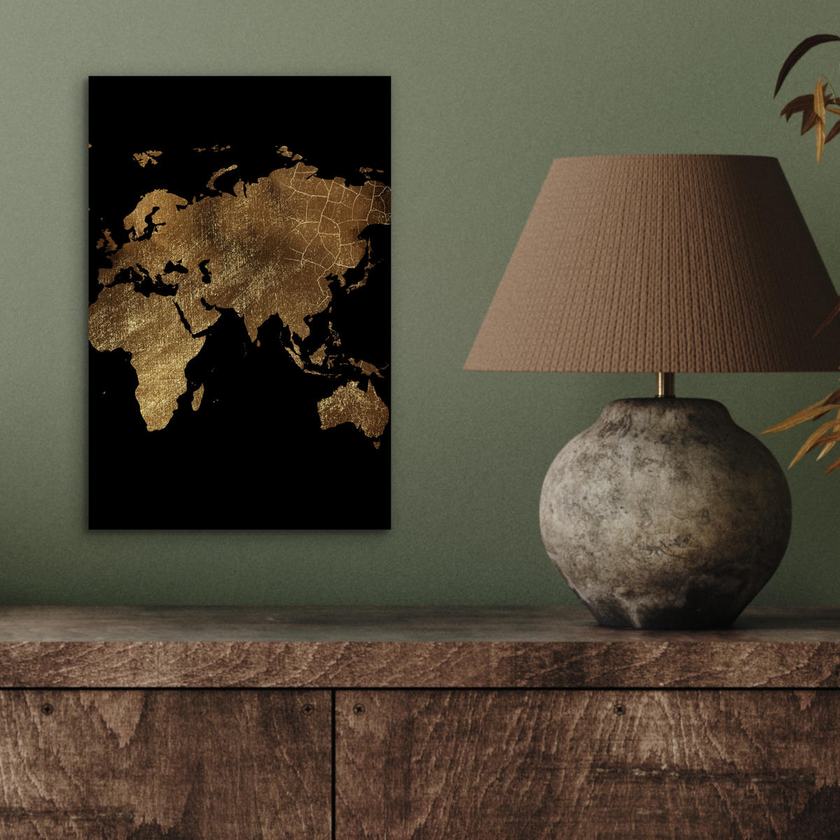KOVOVÝ OBRAZ Mapa sveta - Zlato - Luxus - Zem - Čierna 20x30 cm - zlatá, kov (20/30cm) - MuchoWow