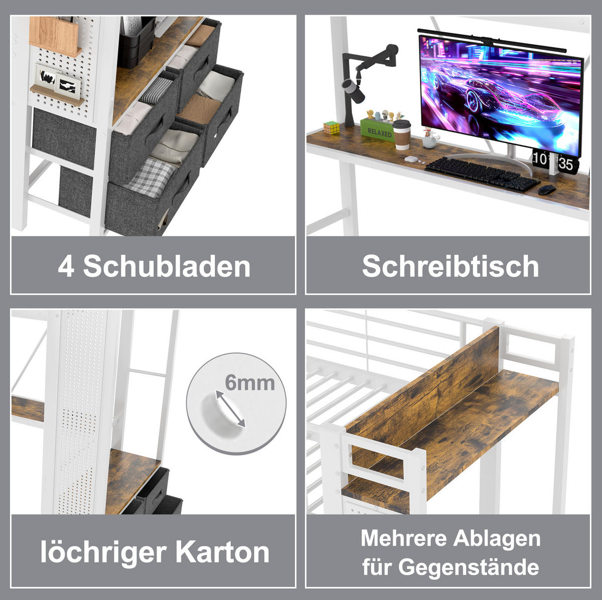 VISOKI krevet 90/200 cm s radnim stolom, USB i TYPE-C priključkom, LED rasvjetom i 4 ladice, Bijela - bijela, metal (90/200cm) - Redom