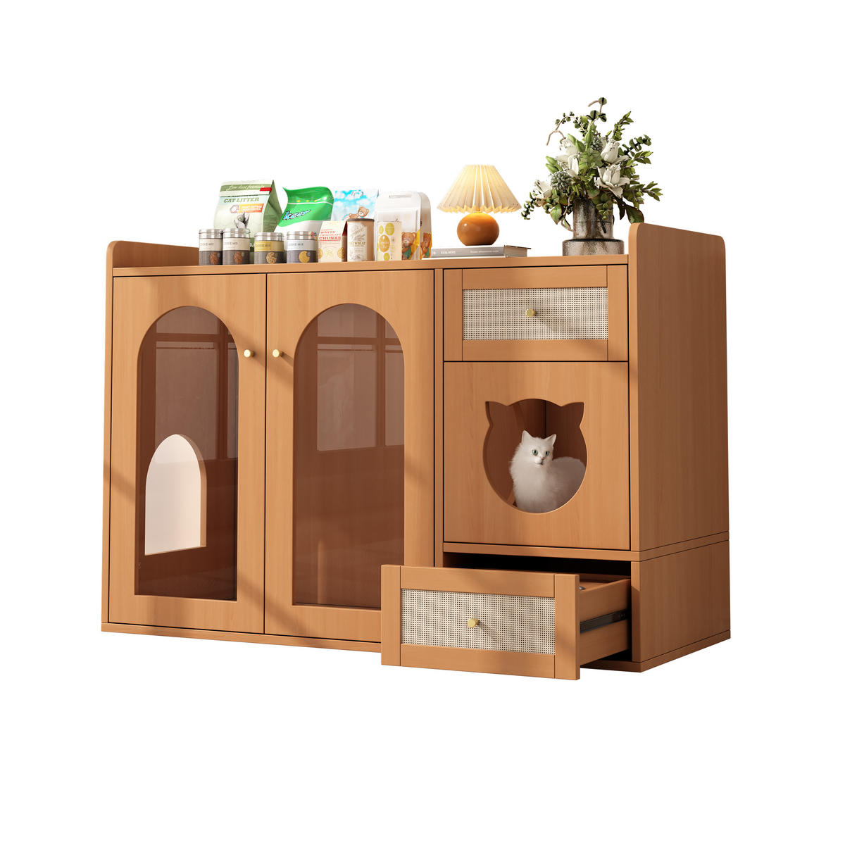 SIDEBOARD 120/45/76 cm, 5-in-1 Katzenmöbel mit verstecktem Katzenklo, Futternapf-Schublade und Nussbaumoptik, Walnuss - Walnussfarben, Holzwerkstoff (120/83/45cm) - Redom