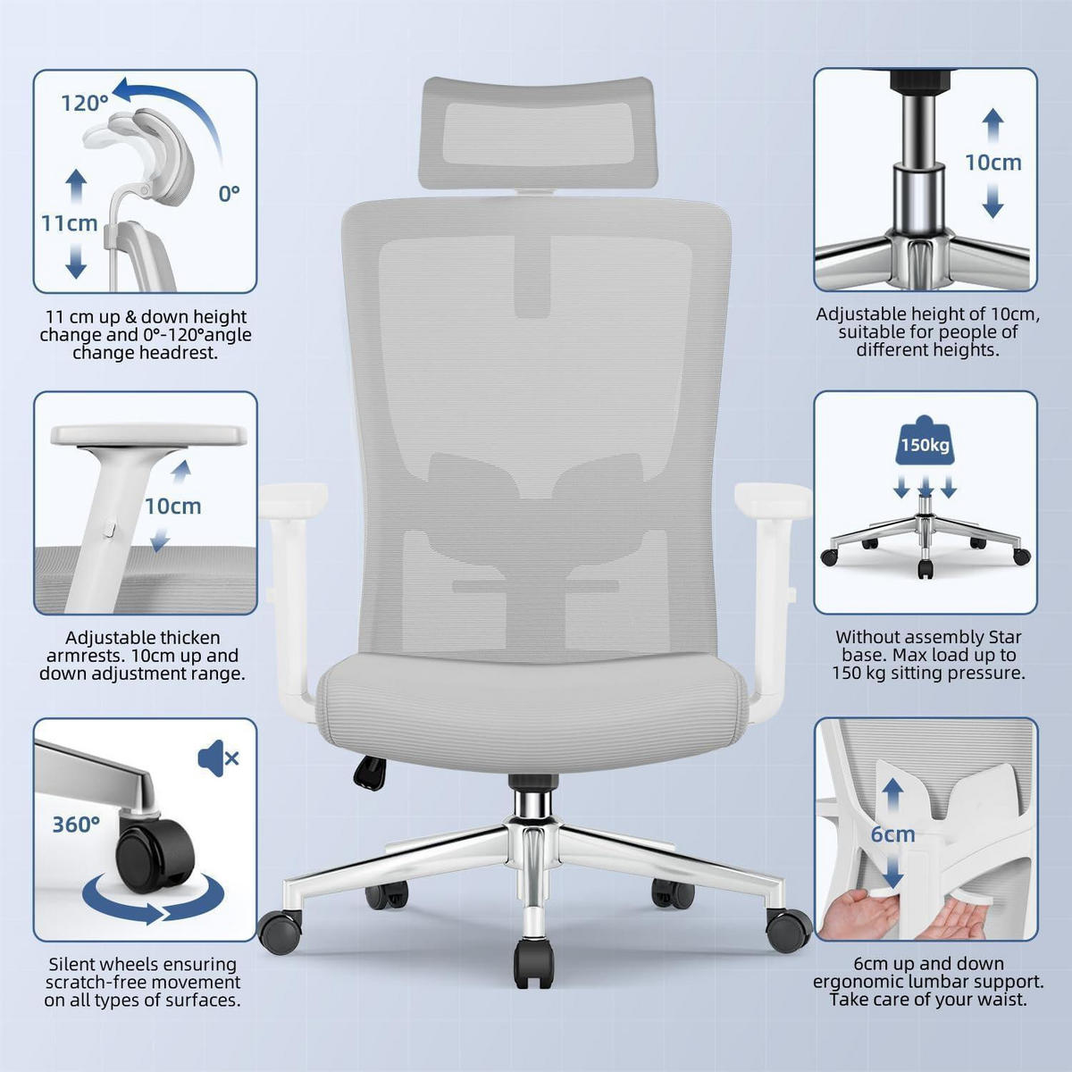 BÜROSTUHL Ergonomisch Grau mit Lendenwirbelstütze und Kopfstütze - Grau, Textil (70/128/70cm)