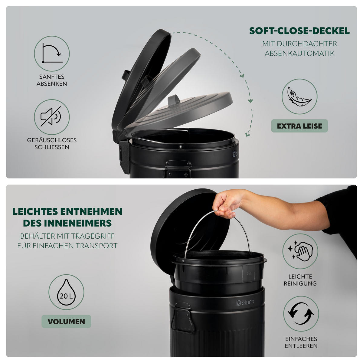 ABFALLEIMER Treteimer VINTAGE, 20 Liter, aus Metall, schwarz - Schwarz, Metall (30.5/47.5/38cm) - eluno