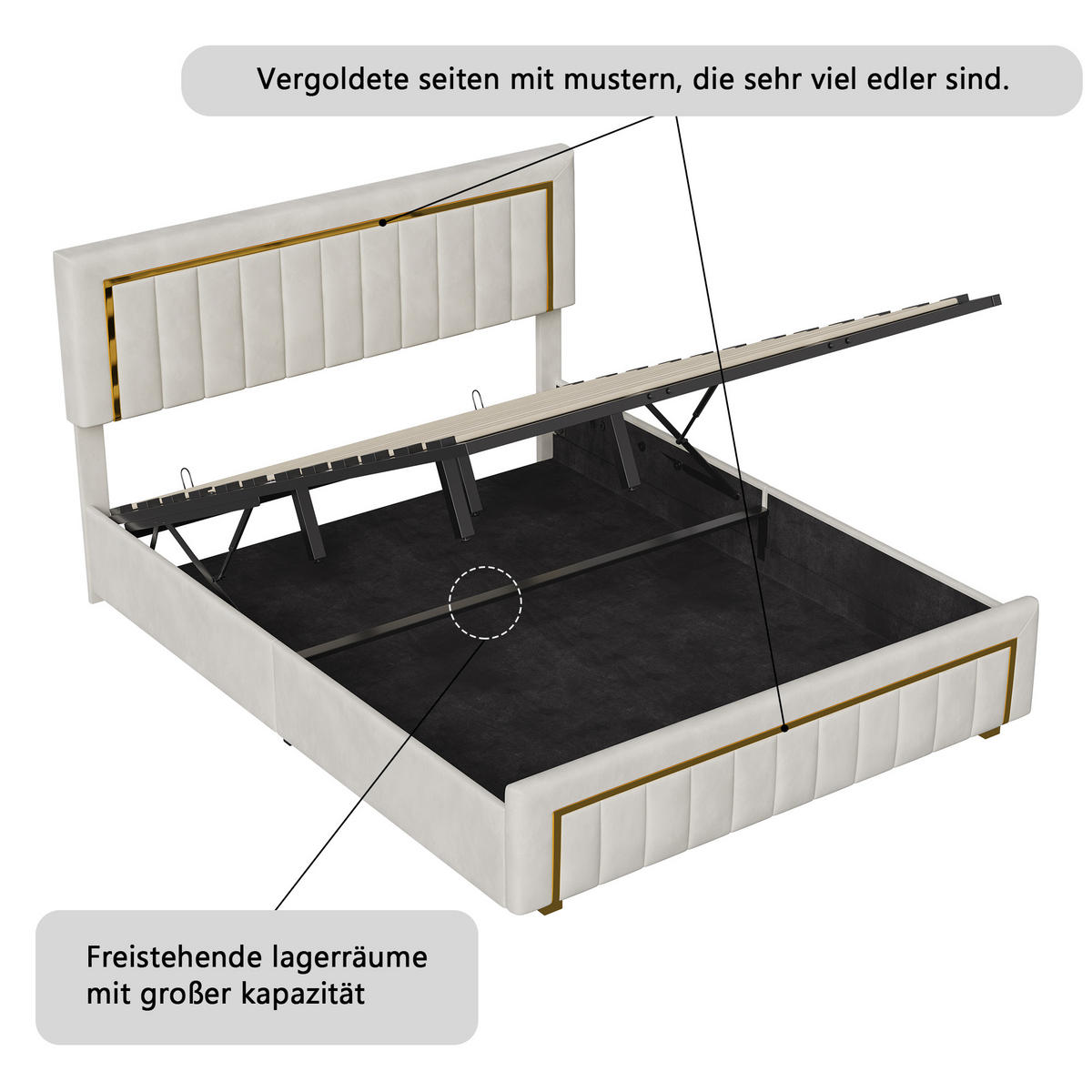 ČALÚNENÁ zamatová posteľ 180x200 cm s hydraulickým boxom a zlatými detailmi - écru, drevo (180/200cm) - SHOPENTRA