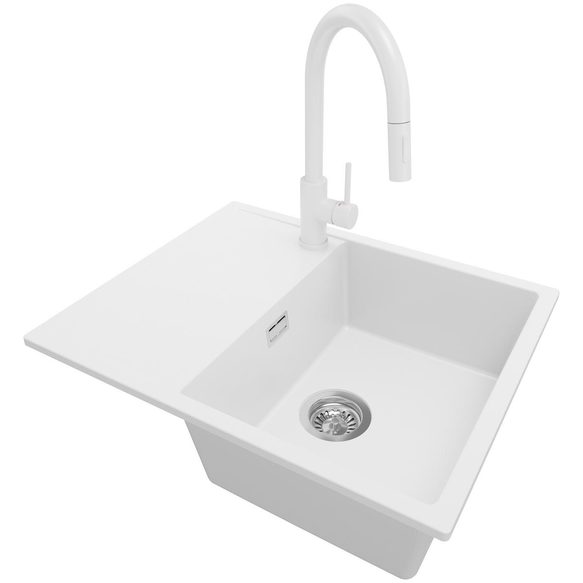 GRANITSPÜLE Ibiza, 2-er set Weiß 62/50 cm 1 Becken + Küchenarmatur 40/20 cm + Ablauf-Set ab 45er Unterschrank - Chromfarben/Weiß, Kunststoff (62/19/50cm) - Primagran