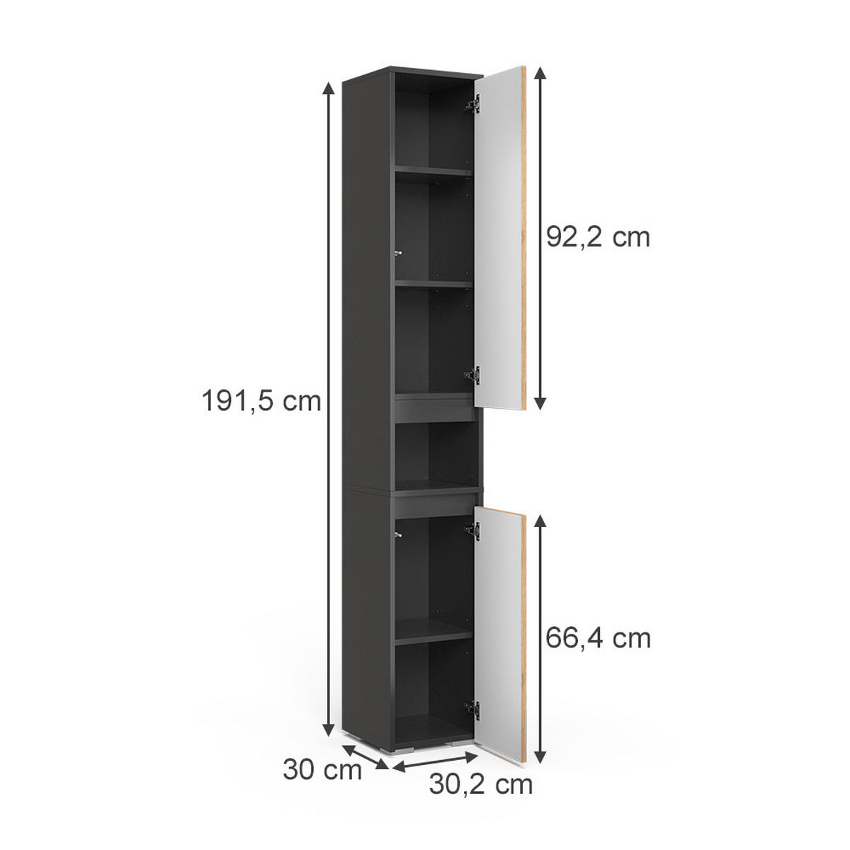 BADSCHRANK Majest Anthrazit/Artisan 30.2 x 191.5 cm mit 2 Türen - Anthrazit/Hellgrau, Holzwerkstoff (30.2/191.5/30cm) - Vicco