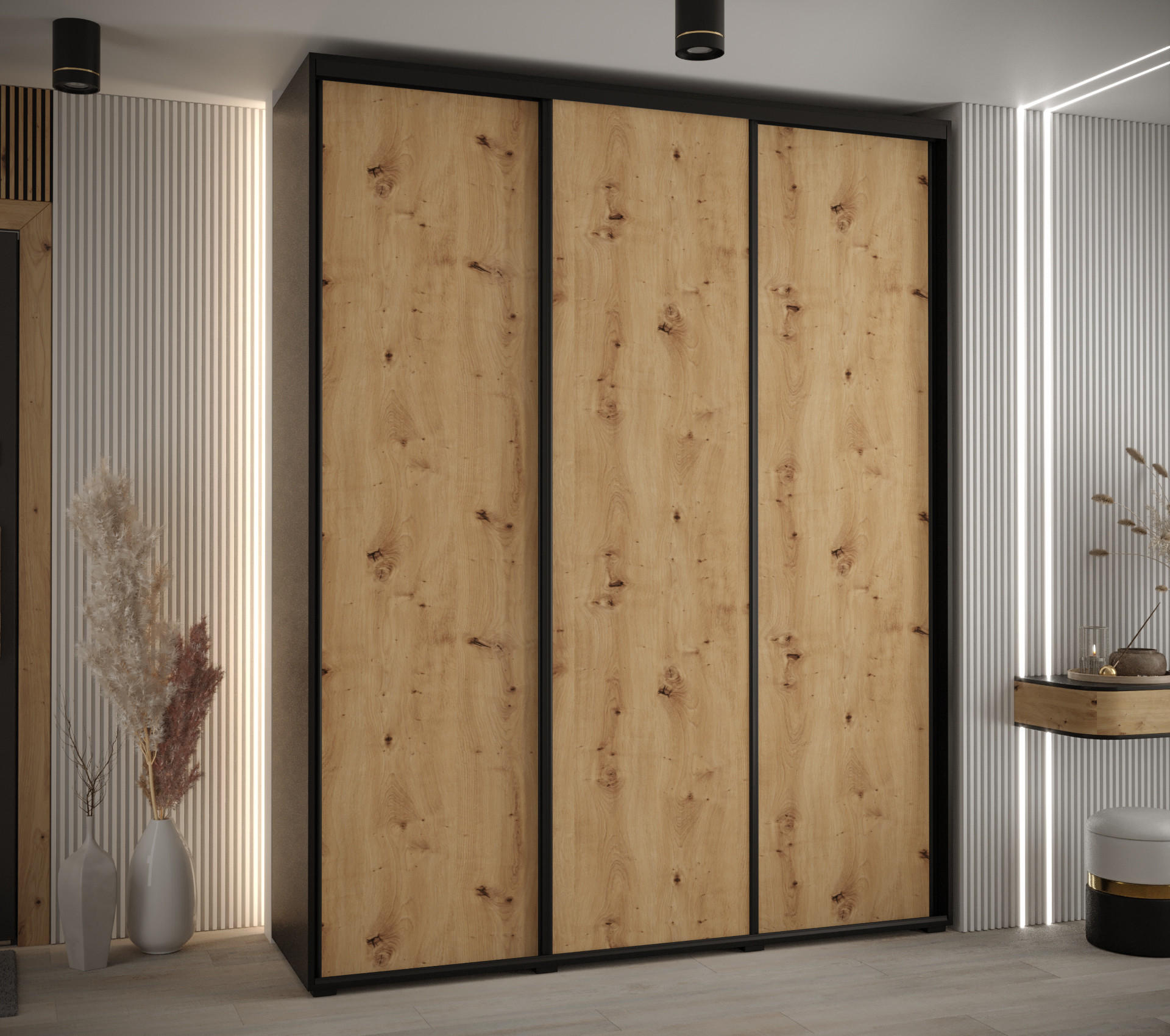 SCHWEBETÜRENSCHRANK 235,2/190/45 3-türig - Schwarz/Eiche Artisan, Holz/Metall (190/235/45cm) - Abiks Möbel