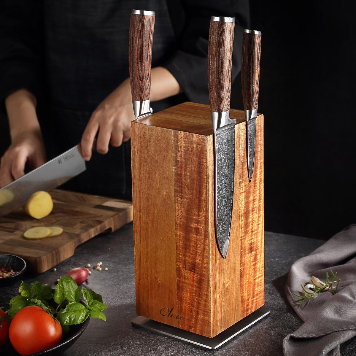 DREHBARER MESSERBLOCK - Akaziefarben, Holz (12/26/12cm) - Oleio