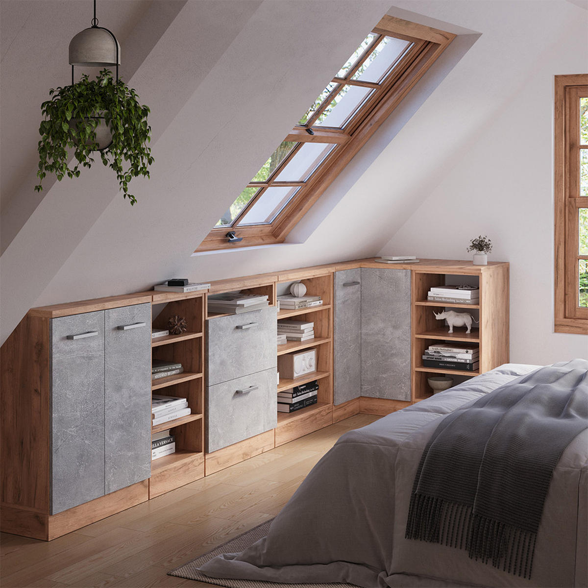 DACHSCHRÄGENSCHRANK ECKSCHRANK Rion Beton/Goldkraft Eiche 75.6 x 81.6 cm mit 1 Tür - Honigeiche/Grau, Holzwerkstoff (75.6/81.6/75.6cm) - Vicco