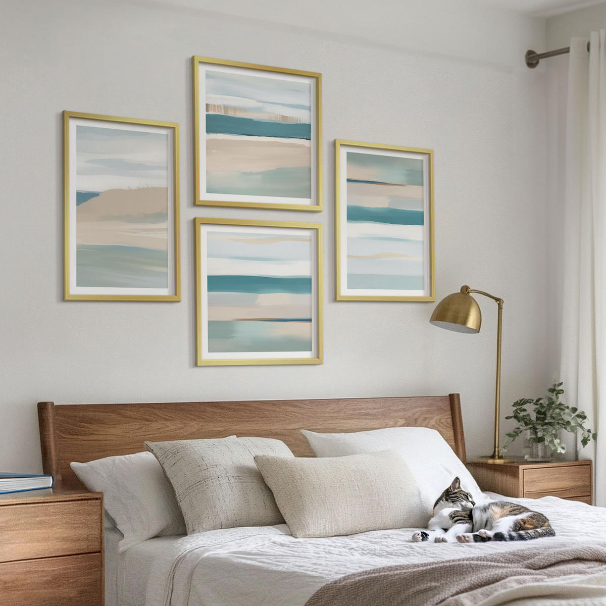BILDER SET 4er Set - 50x50 cm & 40x60 cm Goldrahmen - Abstrakte blaue Landschaften - Goldfarben, Kunststoff (50/50cm) - TULUP
