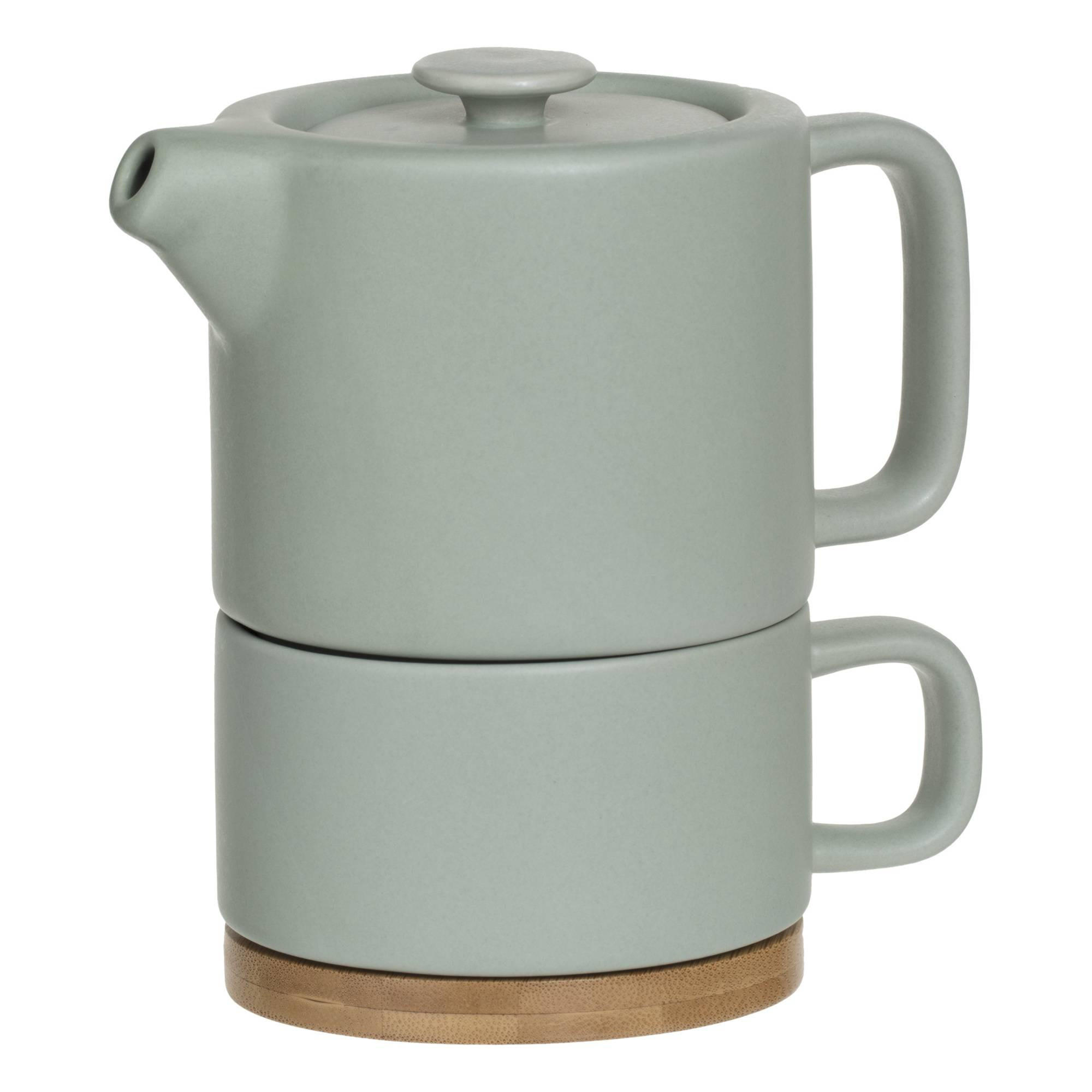 TEEKANNE mit einem Becher Nature Pfefferminzgrün 13,5/10/15 cm - Grün, Keramik (10/13.5cm) - Secret de Gourmet