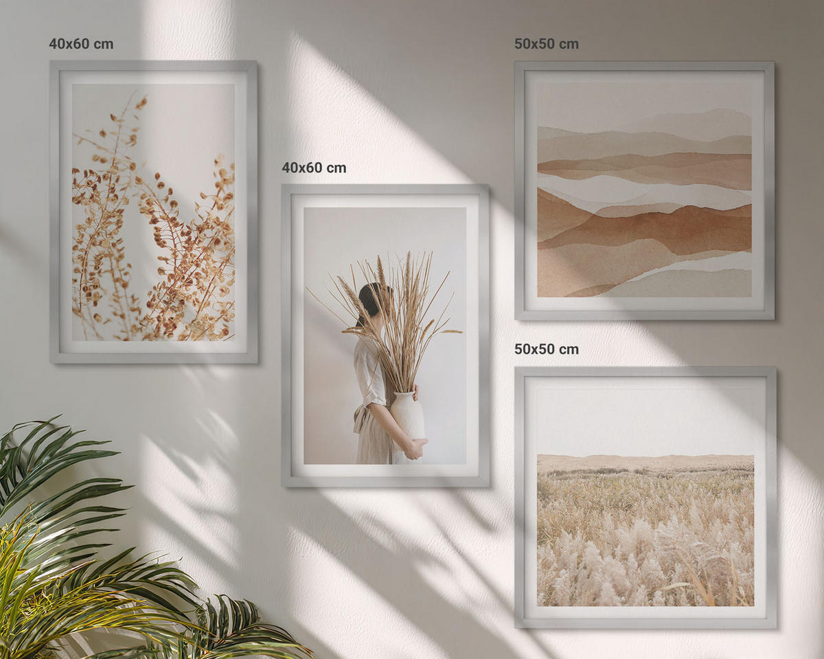 BILDER SET 4er Set - 50x50 cm & 40x60 cm Silberner Rahmen - Pflanzenmotive im Boho-Stil - Silberfarben, Kunststoff (50/50cm) - TULUP