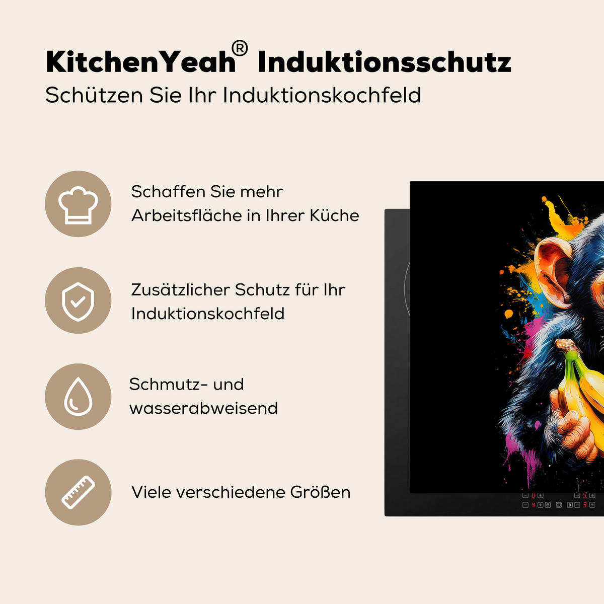 HERDABDECKPLATTE Affe - Graffiti - Farbenfroh - Bananen - Modern 76x51 cm - Gelb, Kunststoff (76/0.2/51.5cm) - MuchoWow