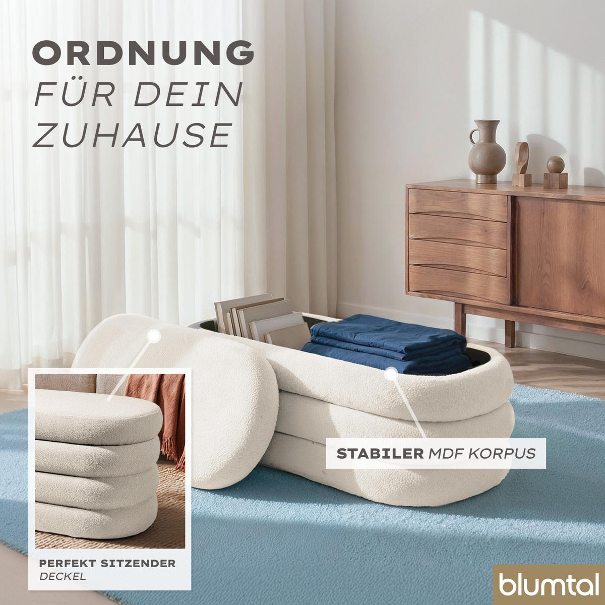 SITZBANK mit Stauraum Oval – Bouclé Sitztruhe Creme - Beige, Textil (42/42.5/76cm) - Blumtal
