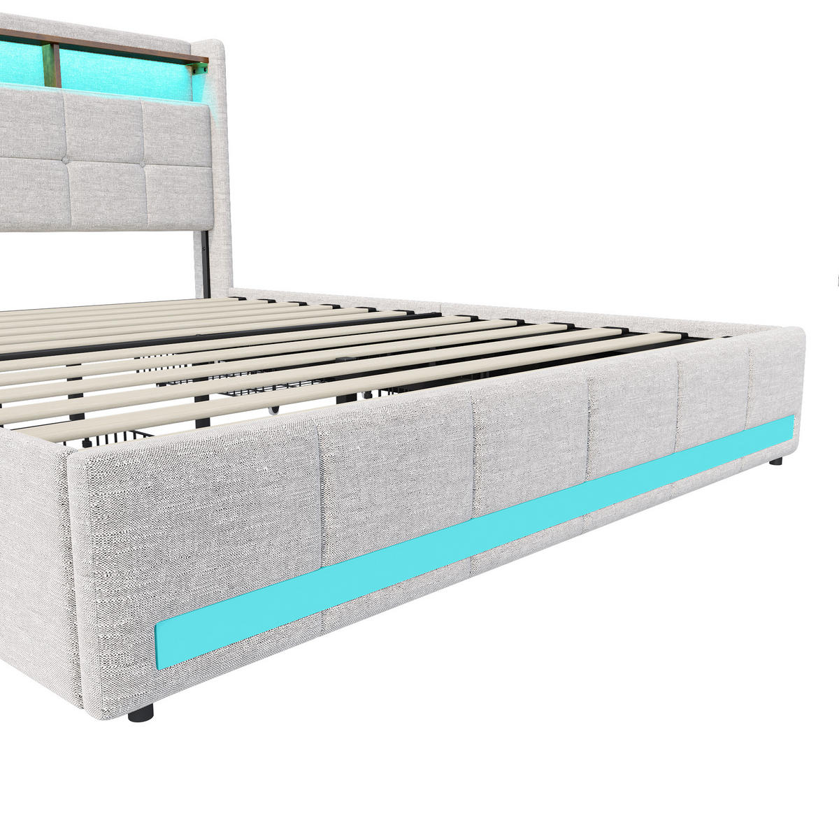 FUNKTIONSBETT POLSTERBETT 160x200 cm, mit USB-Laden & Stauraum, Beige - Beige, Holz (160/200cm)