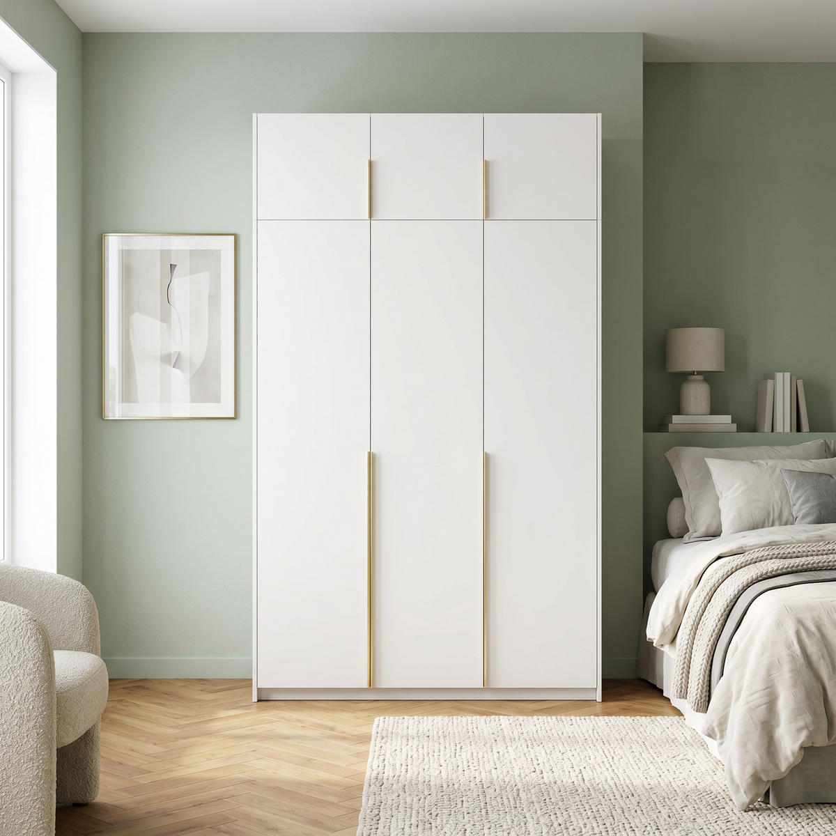 DREHTÜRENSCHRANK AMARA 148/250/58cm 3-türig Weiß - Goldfarben/Weiß, Holzwerkstoff (148/250/58cm) - MASSENO