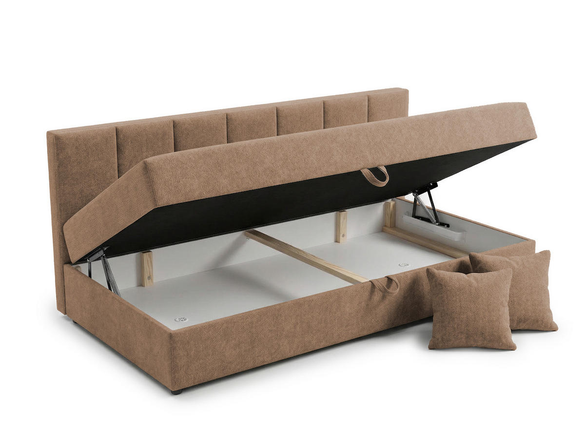 TAGESBETT Lenny mit Rückenlehne und großem Bettkasten aus Braun Chenille-Stoff - Schwarz/Braun, Holz/Kunststoff (90/200cm) - S-Style Möbel