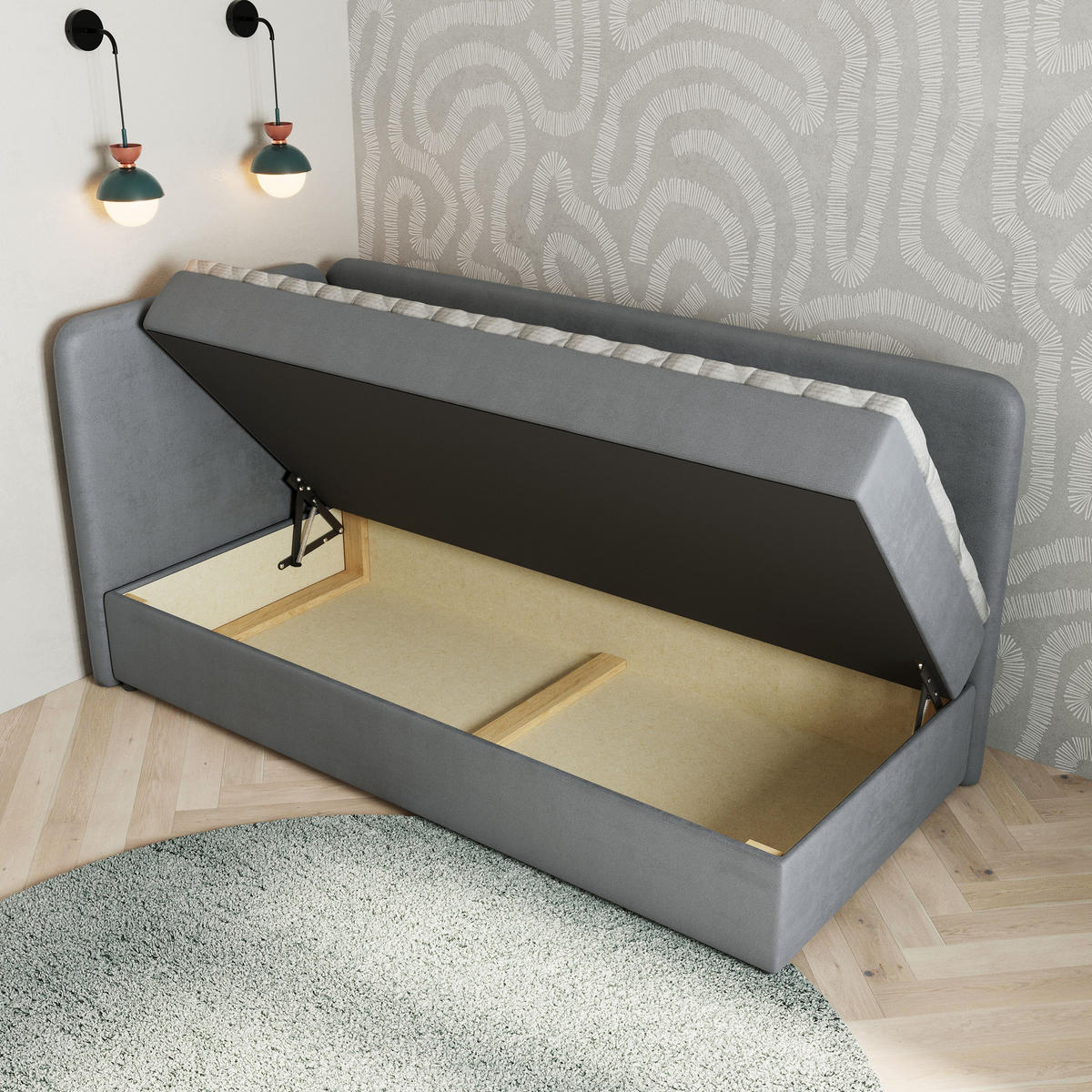 BOXBETT GINA 80x200 cm mit Matratze und Topper, H2+H3 - Grau - Grau, Holz (80/200cm) - MASSENO