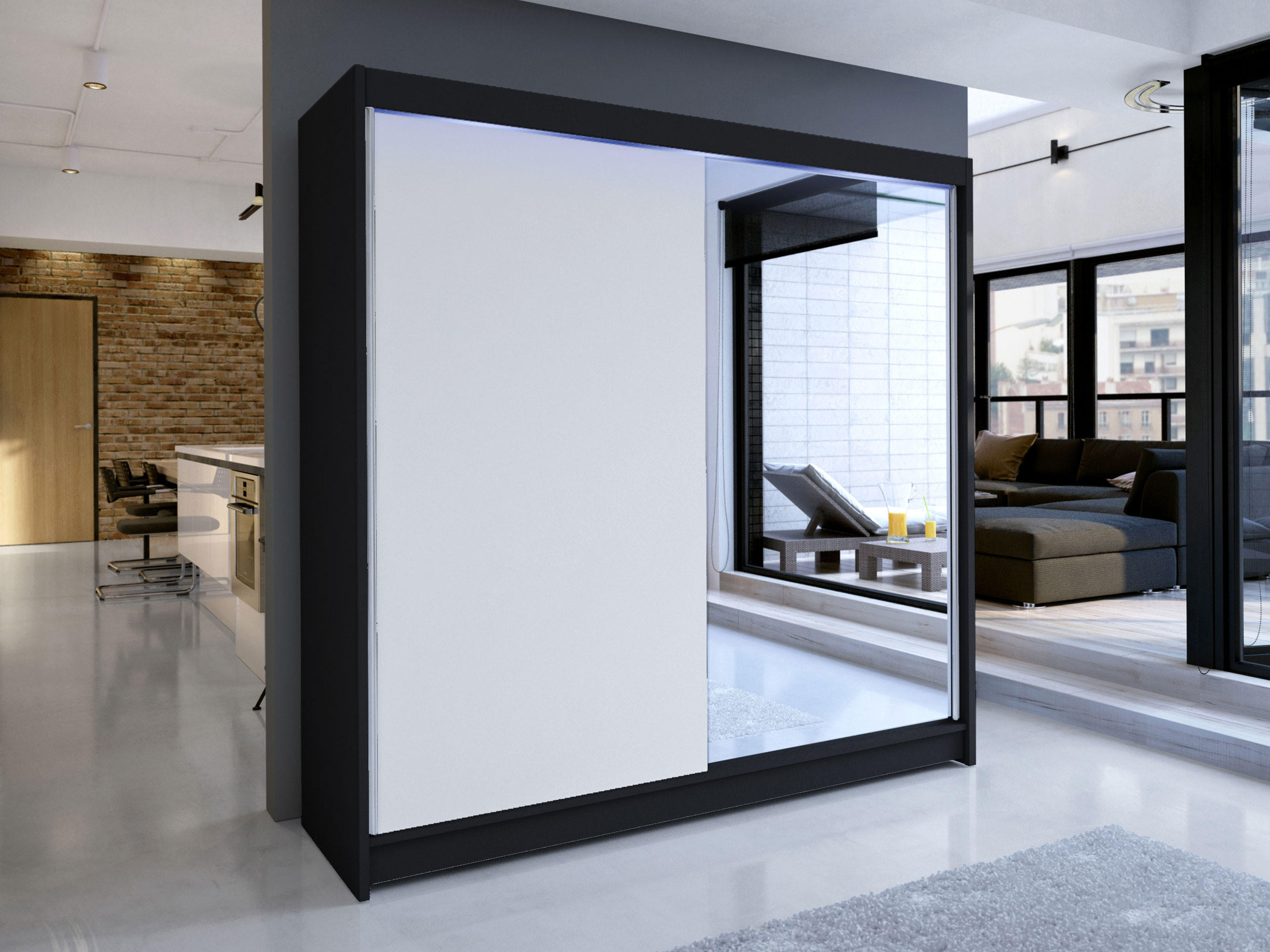 SCHWEBETÜRENSCHRANK Talin I, mit RGB LED Beleuchtung - Silberfarben/Weiß, Holzwerkstoff/Metall (180/215/58cm) - MIRJAN24
