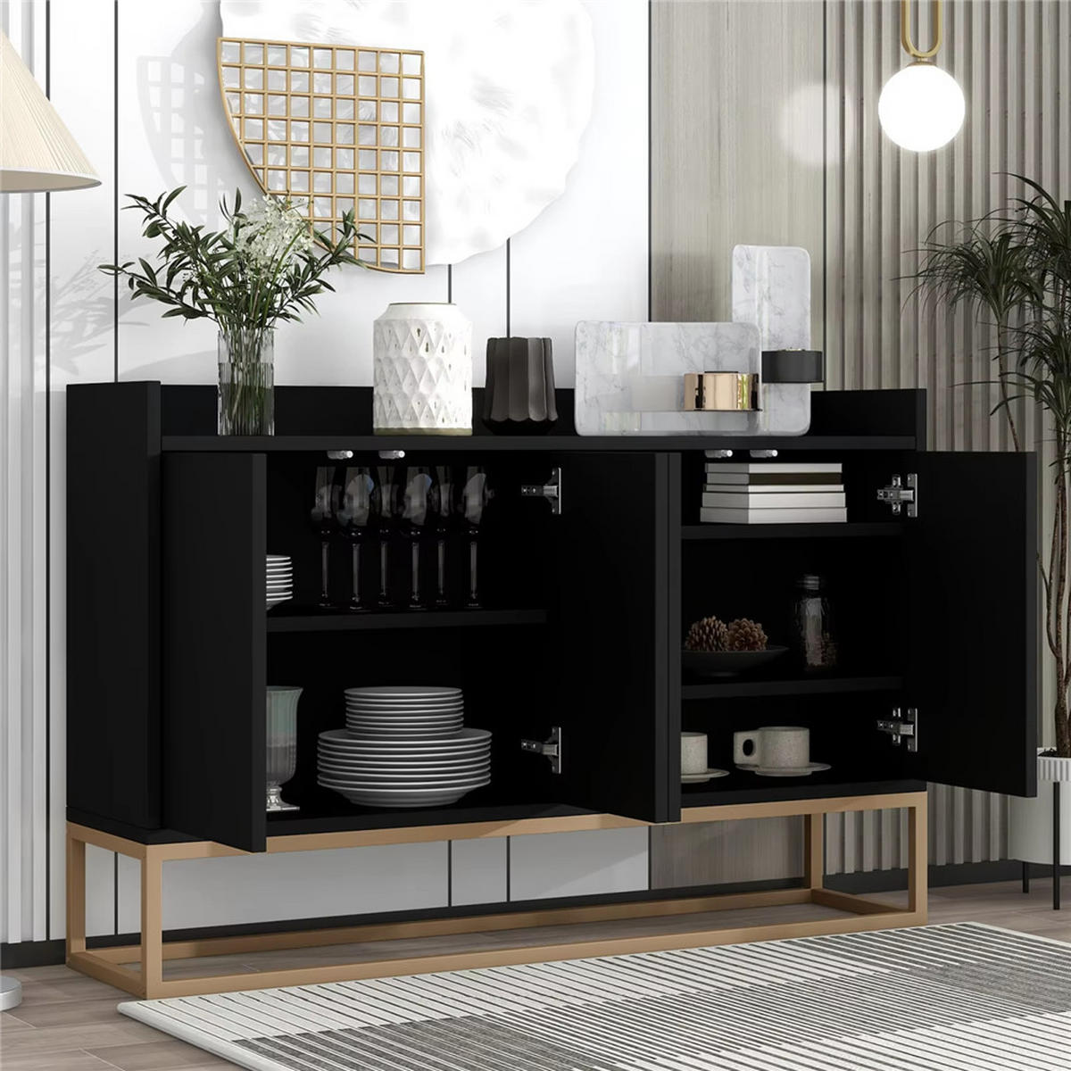 SIDEBOARD 120x80x30 cm Buffetschrank 4 Türen Schwarz - Schwarz, Holz (120/80/30cm) - Kaket