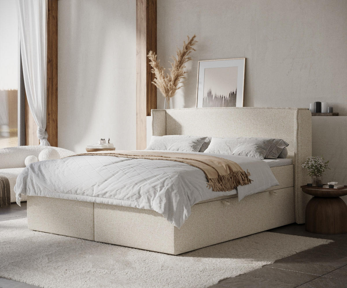 BOXBETT Skyline Creme 200/200 cm mit Matratze und Topper - Creme/Schwarz, Holz/Holzwerkstoff (200/200cm) - Maison de Reve