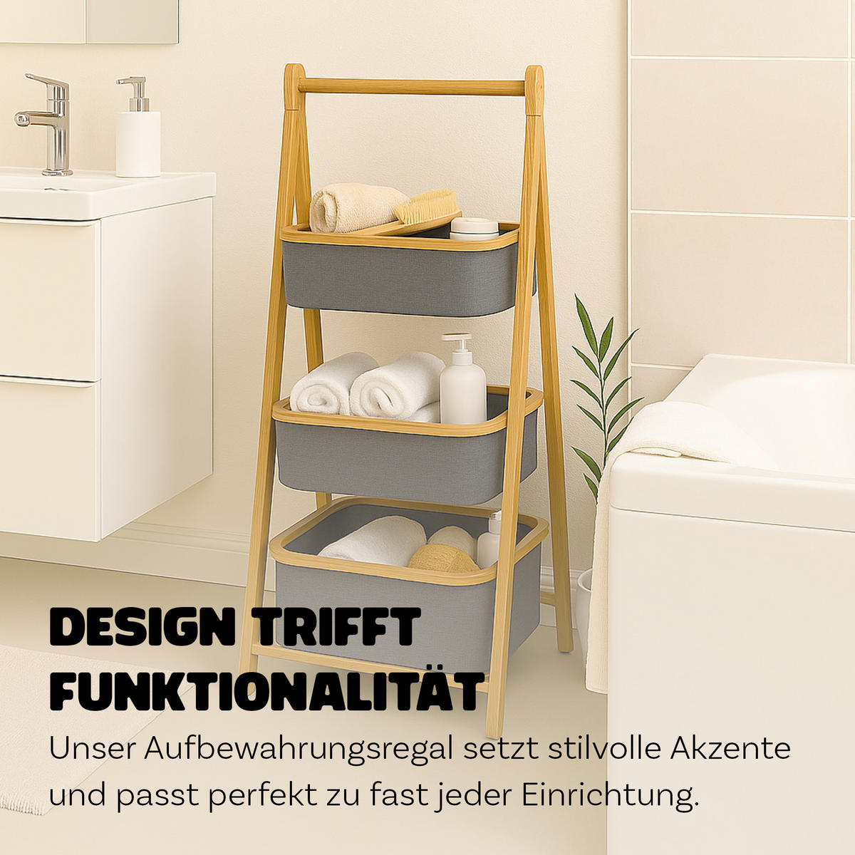 AUFBEWAHRUNGSREGAL Bambus mit 3 Stoffkörben 45x31×108 cm - Grau, Textil (45/108/31cm) - Bestlivings